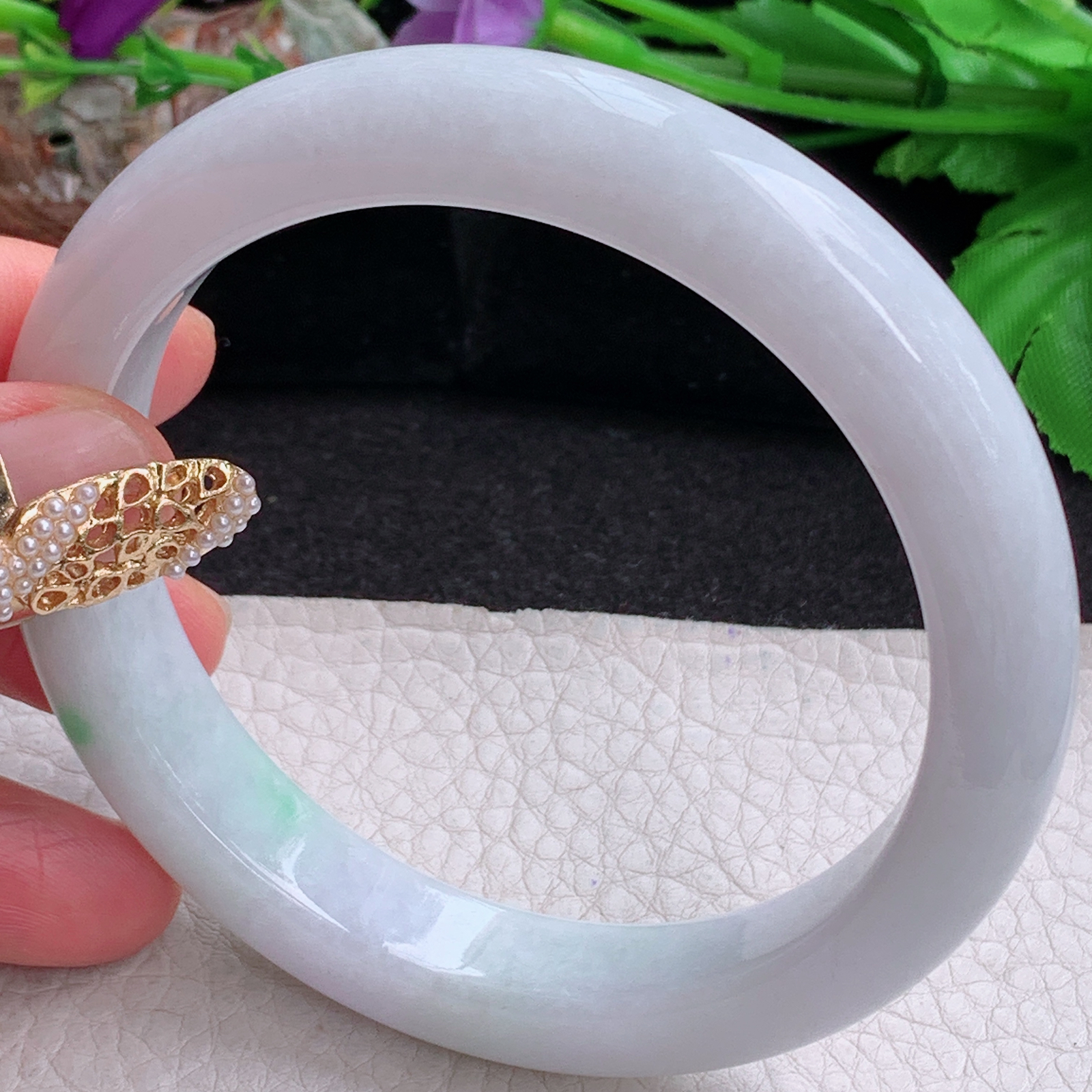 ee大圈口64.5*12*9.3平安镯 天然缅甸翡翠a货白底青大气正圈玉镯子