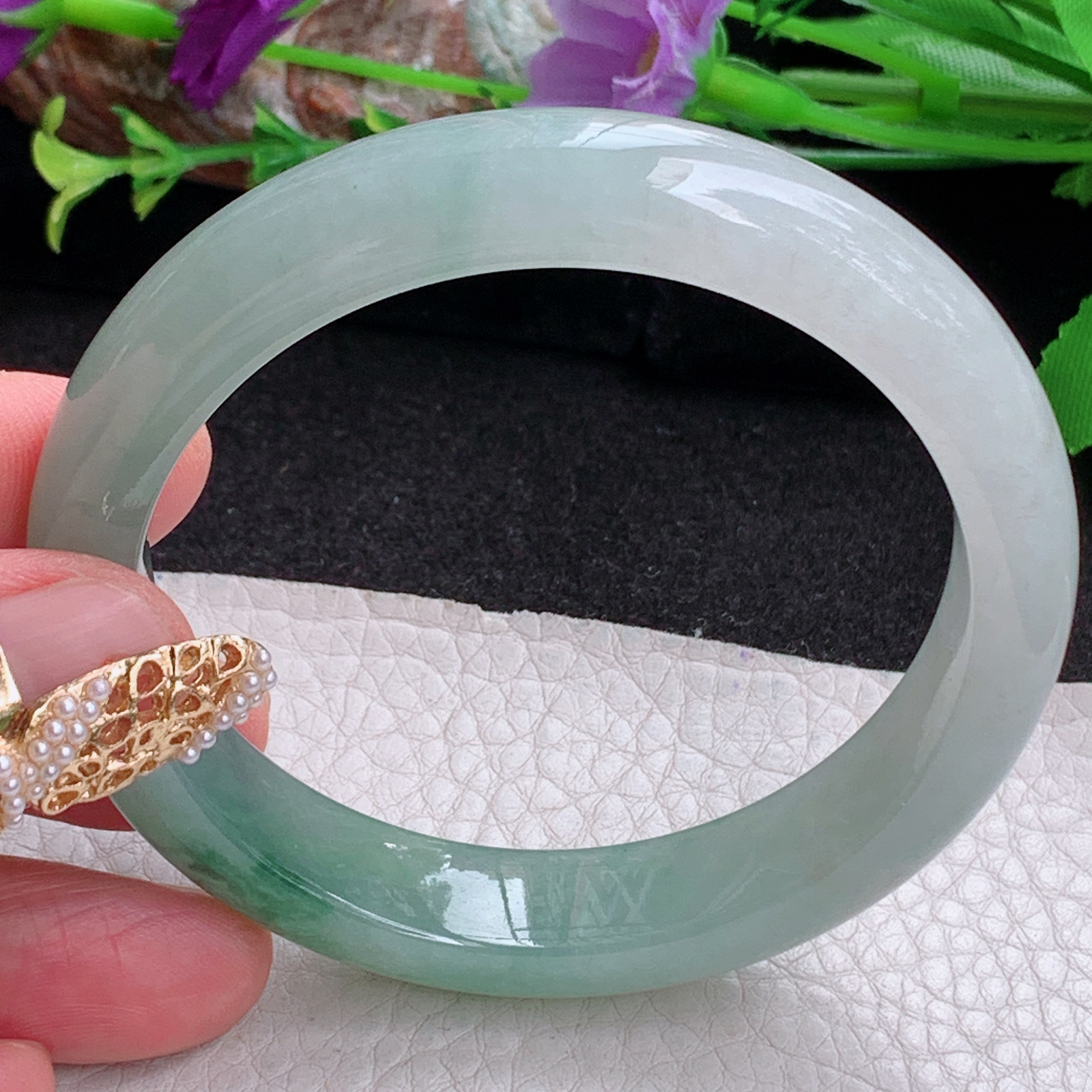 fx实拍57*12*8.3平安镯 天然缅甸翡翠a货手镯女款冰飘花正圈玉镯子