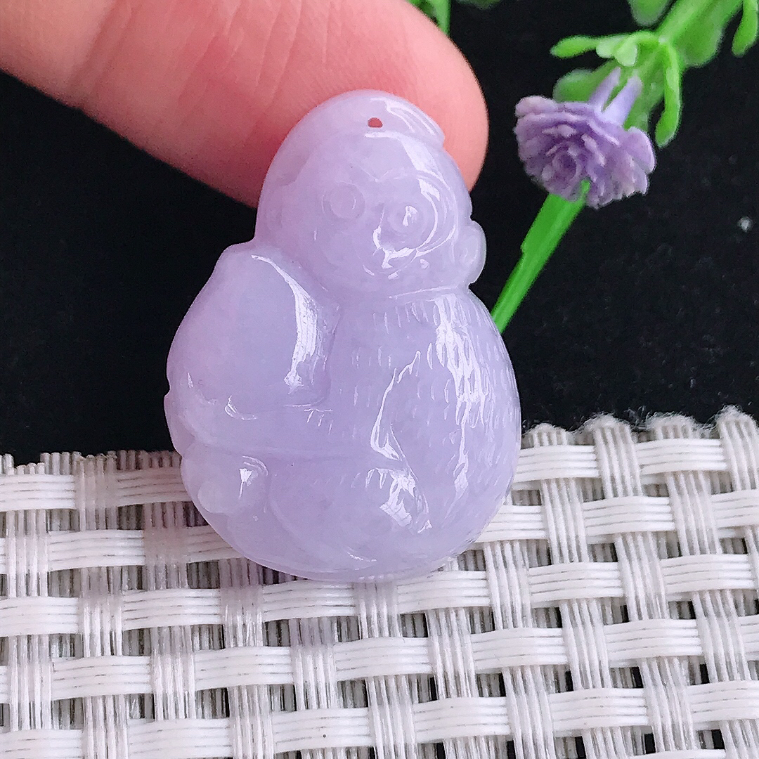 自然光29.8/22/7.3老坑秀气浓艳紫罗兰灵猴献寿猴子吊坠翡翠玉坠挂件