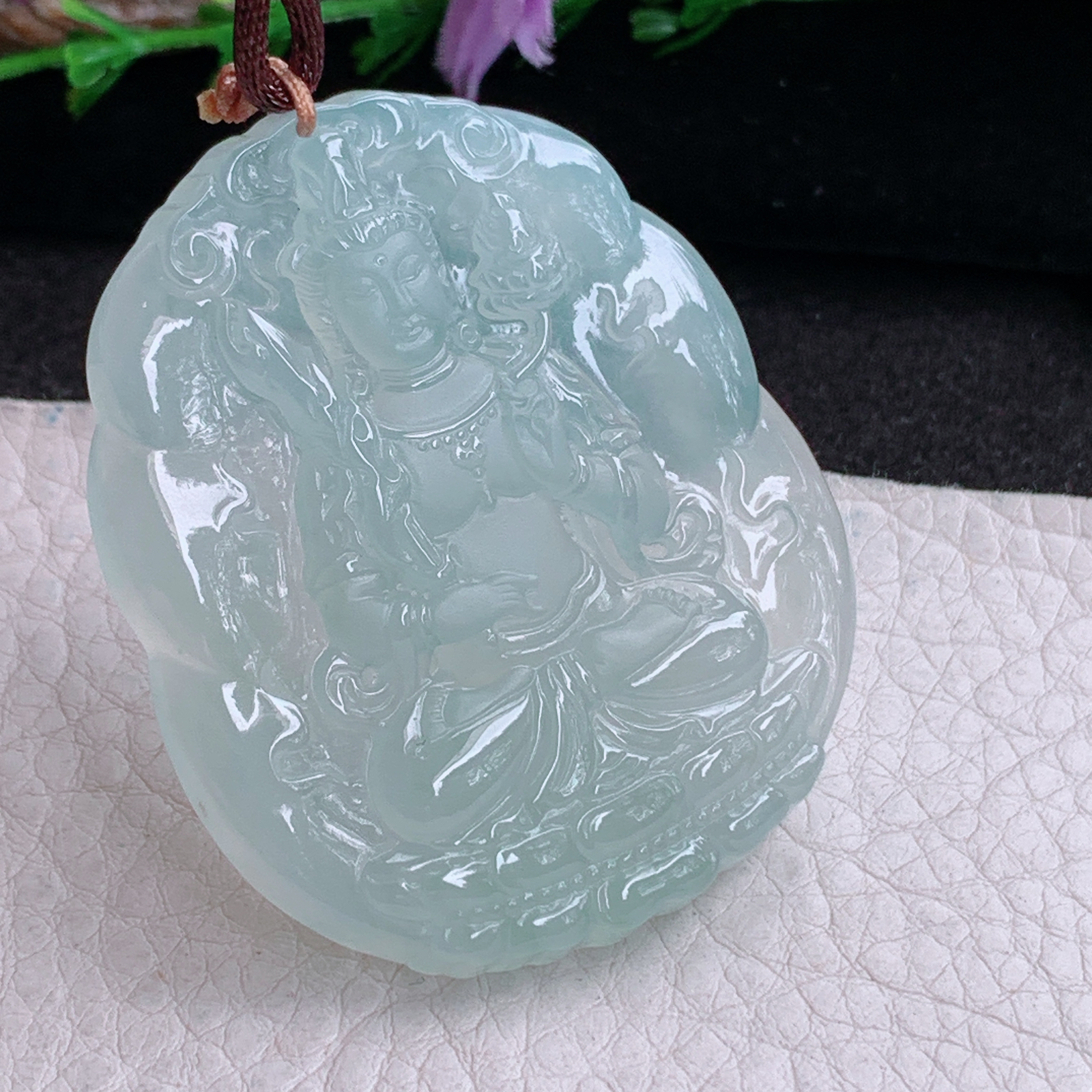 bg实拍50.8*42.6*5.8缅甸翡翠a货精雕冰晴虚空藏菩萨玉吊坠 玉挂件