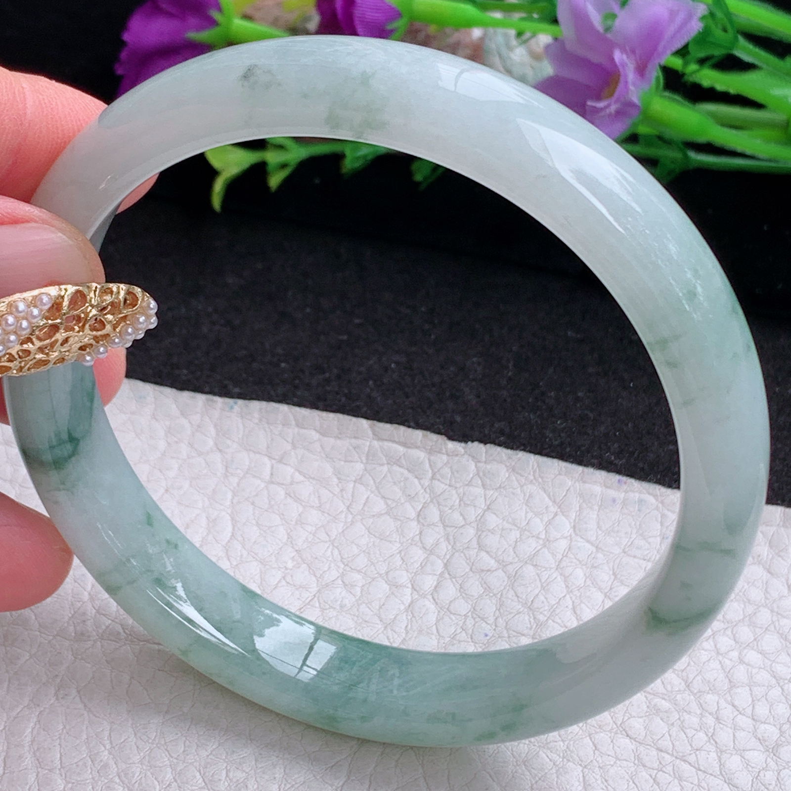 xc大圈口65.5*12.3*7.6平安镯 天然缅甸翡翠a货手镯冰飘花大气正圈玉镯子
