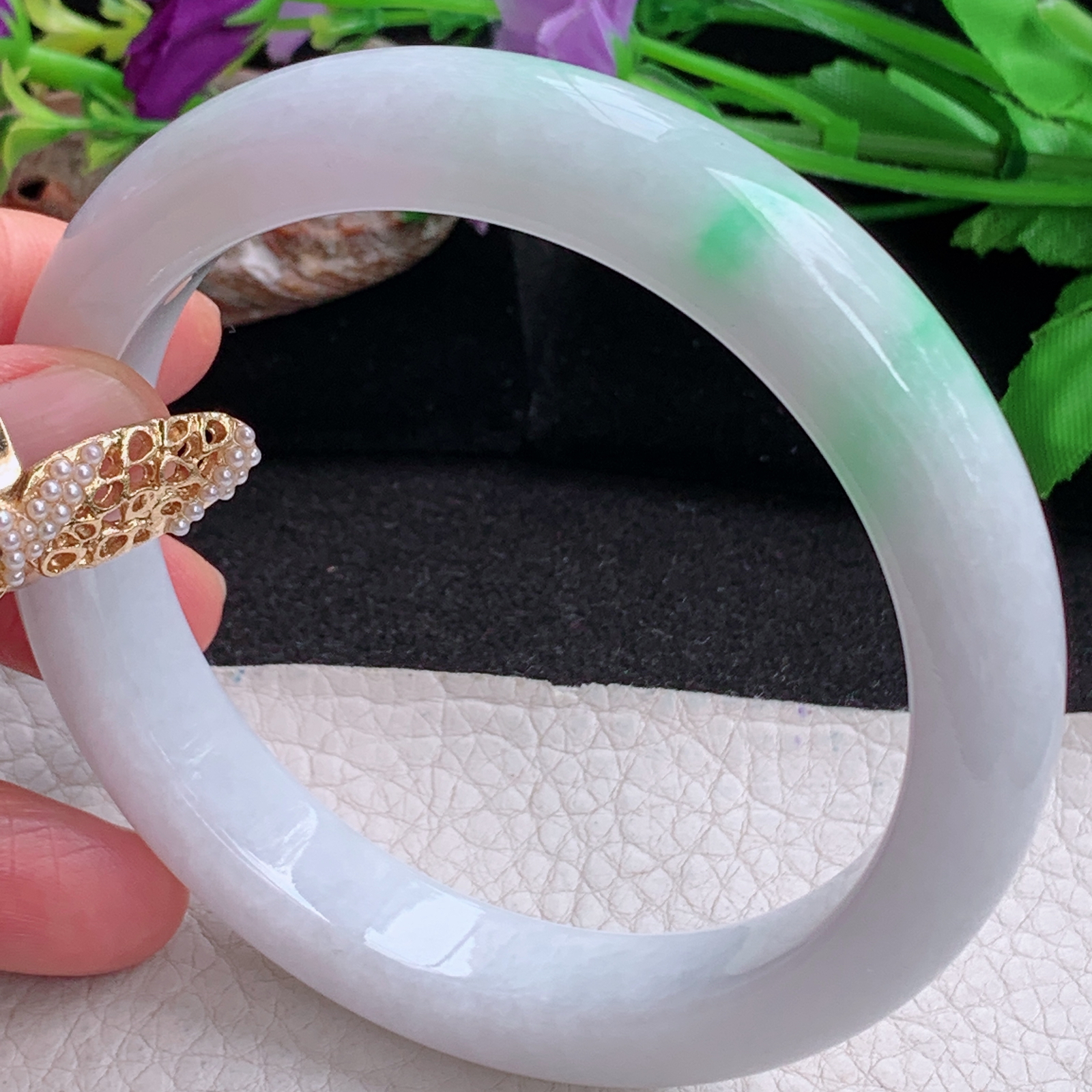 ee大圈口64.5*12*9.3平安镯 天然缅甸翡翠a货白底青大气正圈玉镯子