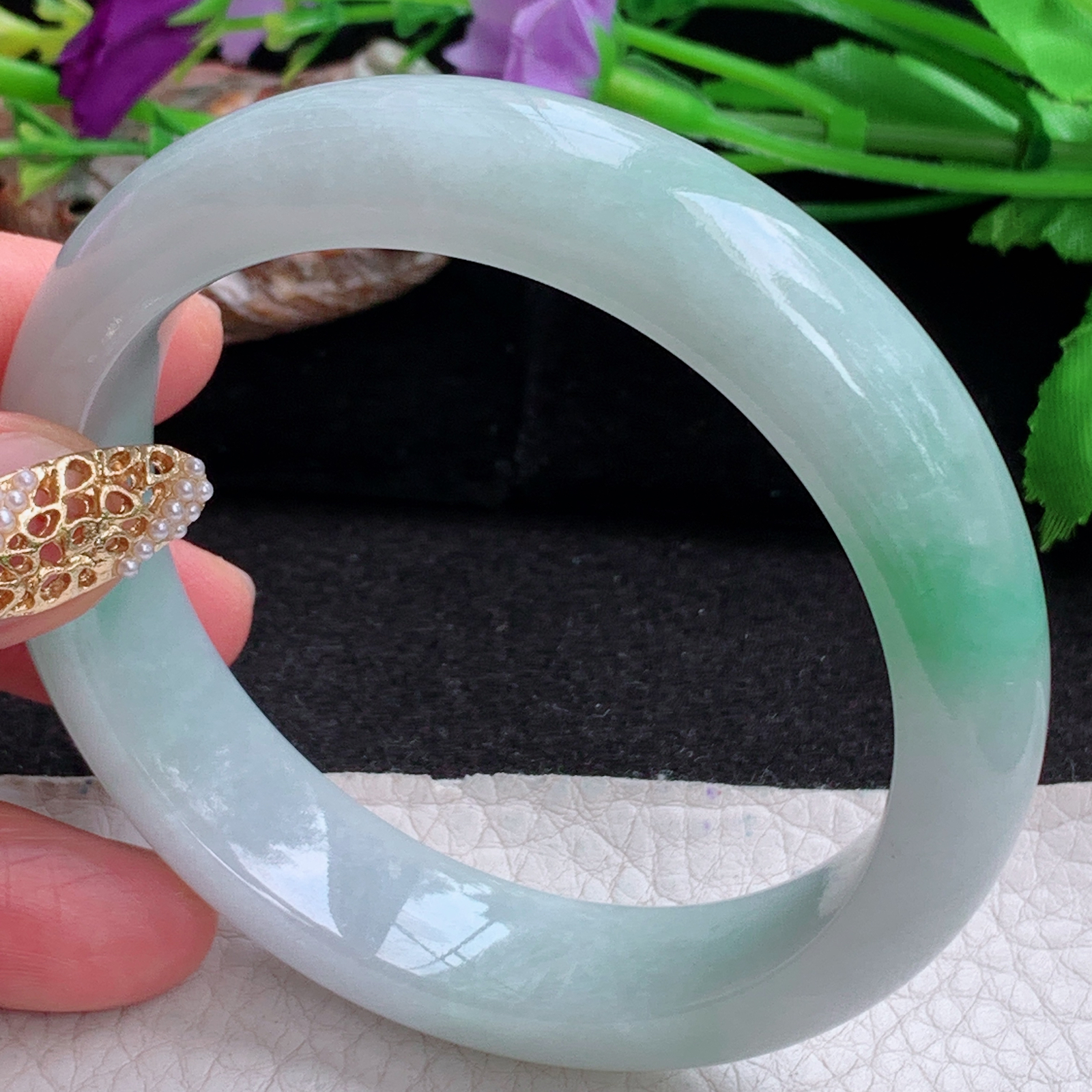 hy实拍59*13.8*8.6平安镯 天然缅甸翡翠a货手镯飘绿厚装正圈玉镯子