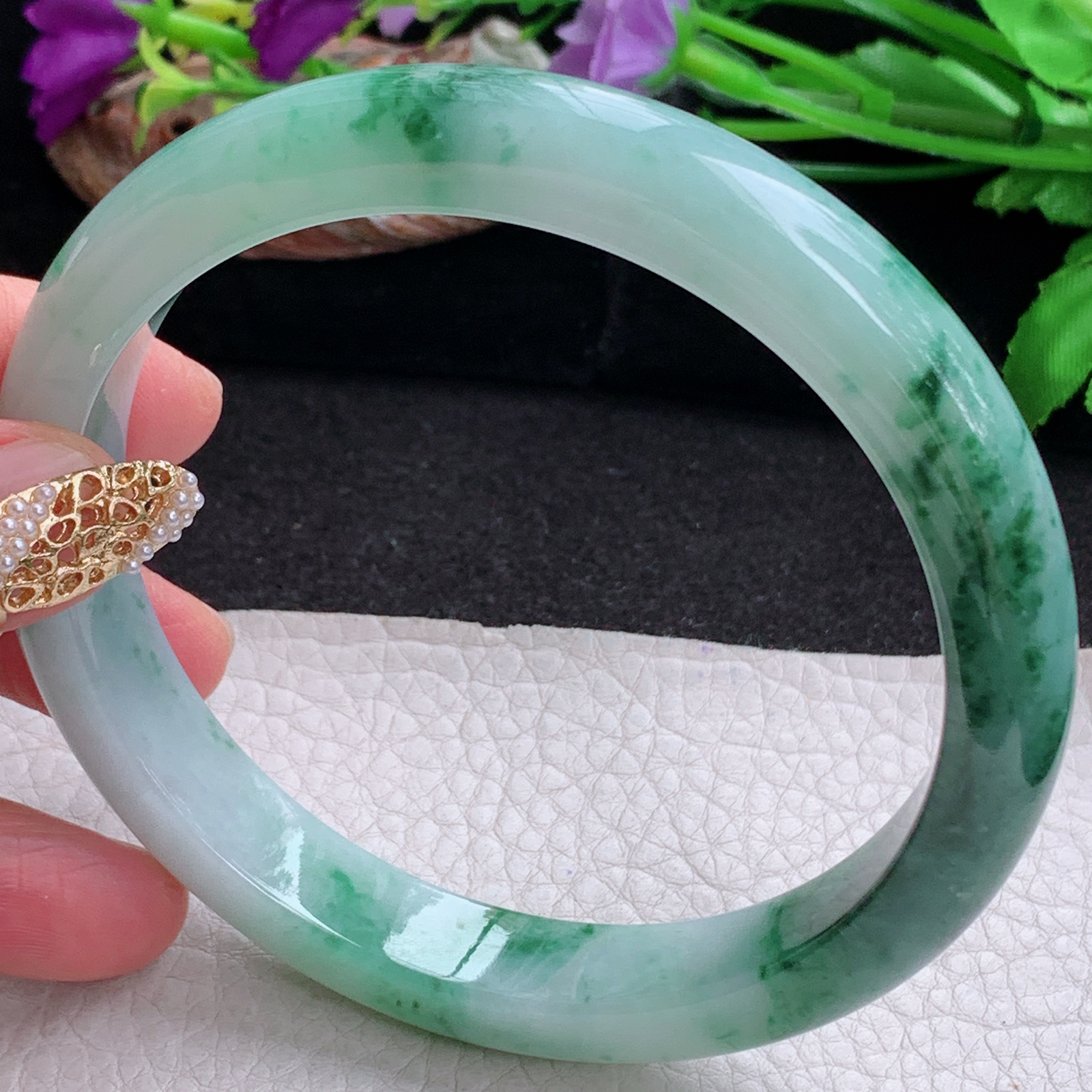 js大圈口71*12.3*9臂镯 天然缅甸翡翠a货手镯飘花大气正圈玉镯子