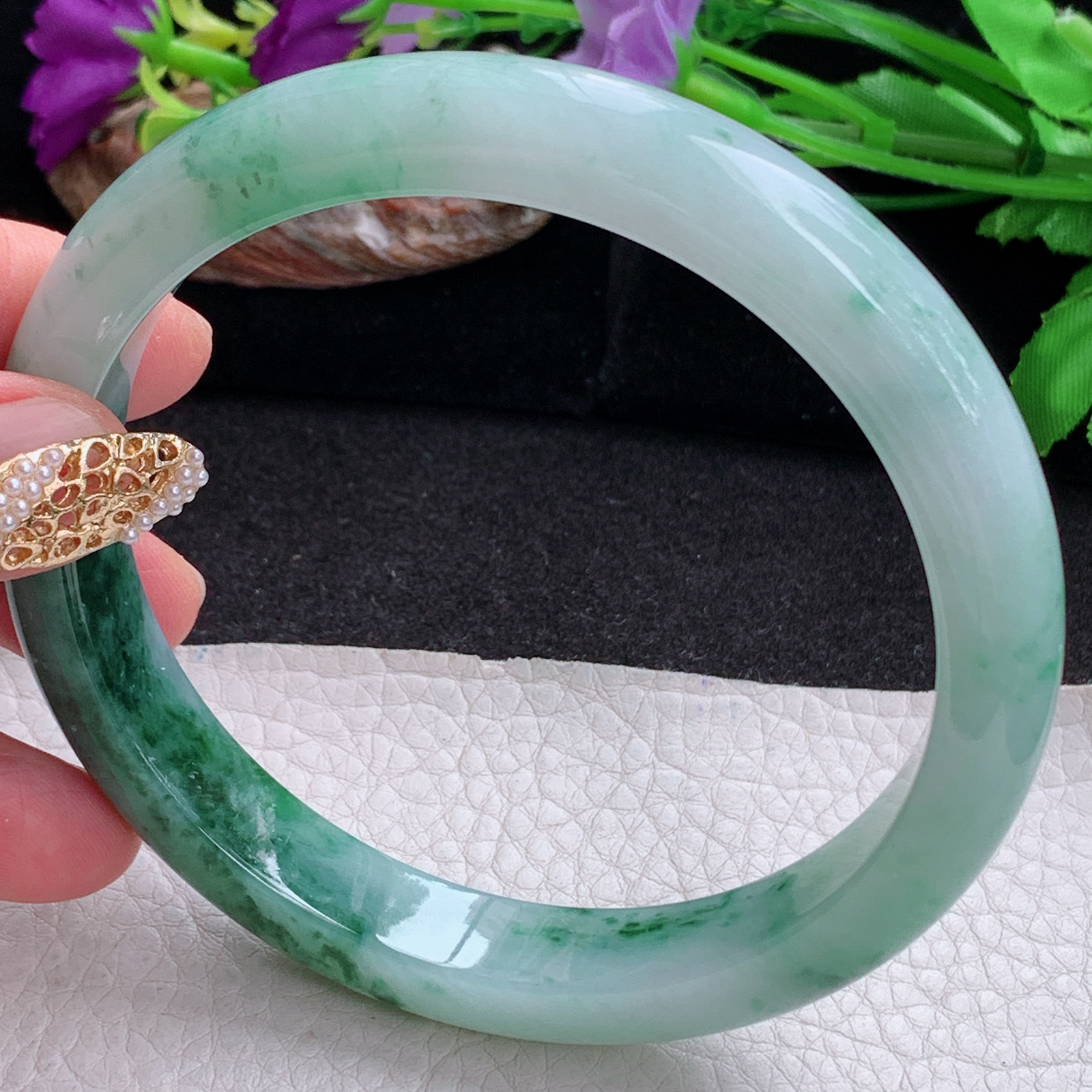 js大圈口71*12.3*9臂镯 天然缅甸翡翠a货手镯飘花大气正圈玉镯子