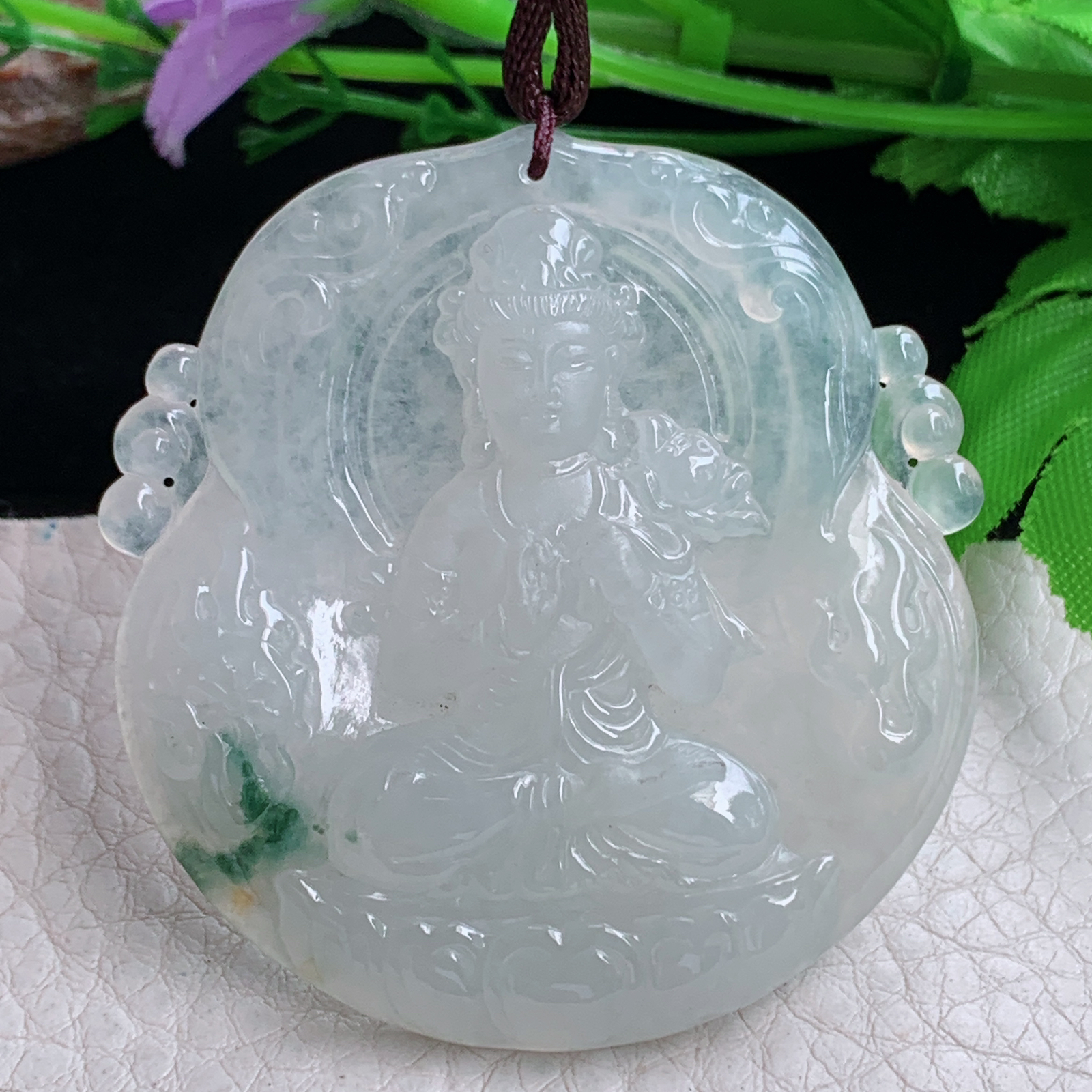 Bg实拍52.5*50*6缅甸翡翠冰透飘花大势至菩萨吊坠生肖守护神观音玉坠