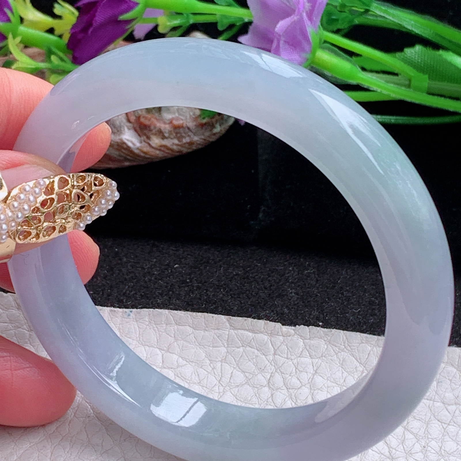 r实拍57.5*11.6*8.8平安镯 天然缅甸翡翠a货冰紫底飘花正圈玉镯子