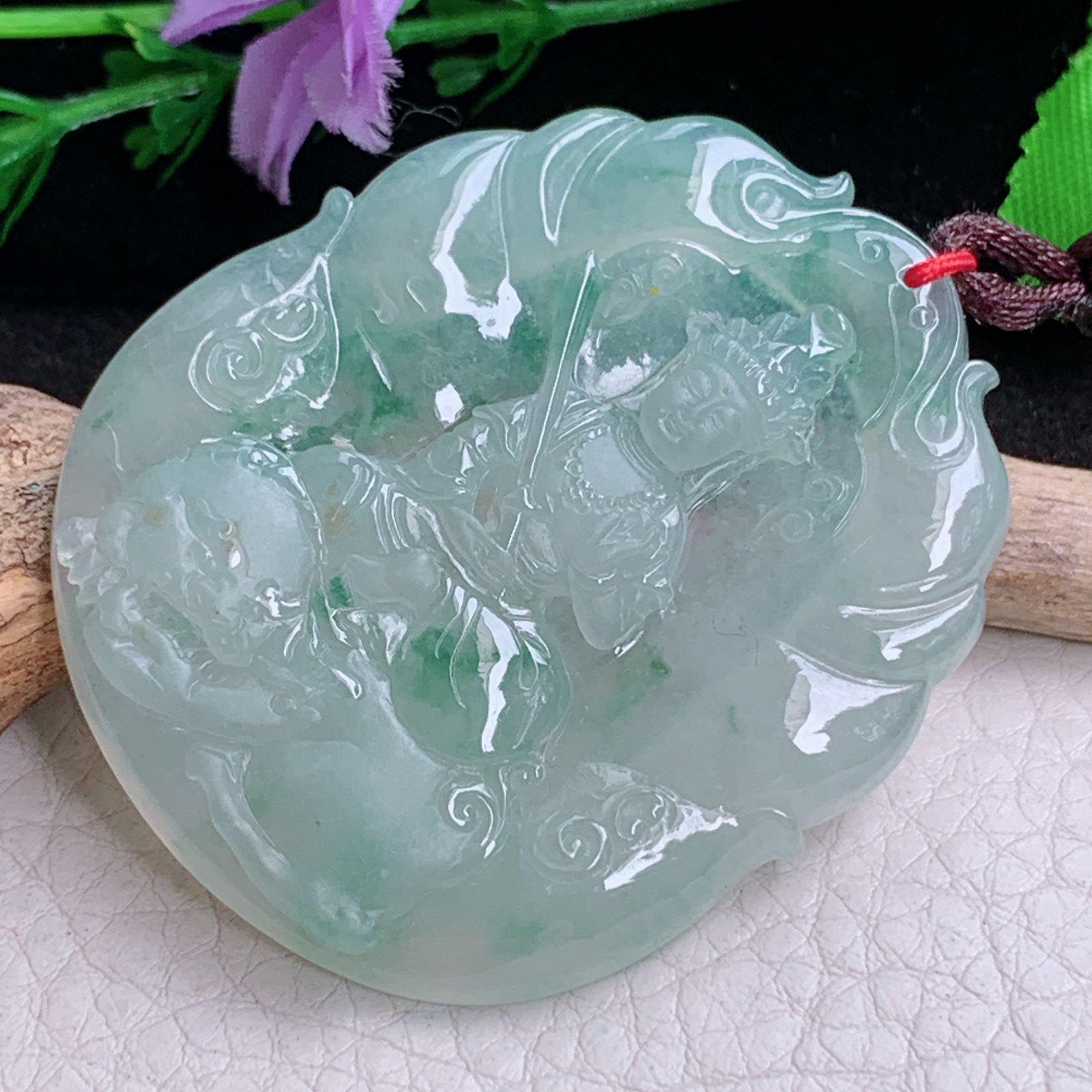 bg实拍52*43.8*5.5缅甸翡翠a货精雕冰飘花普贤菩萨玉吊坠 玉挂件