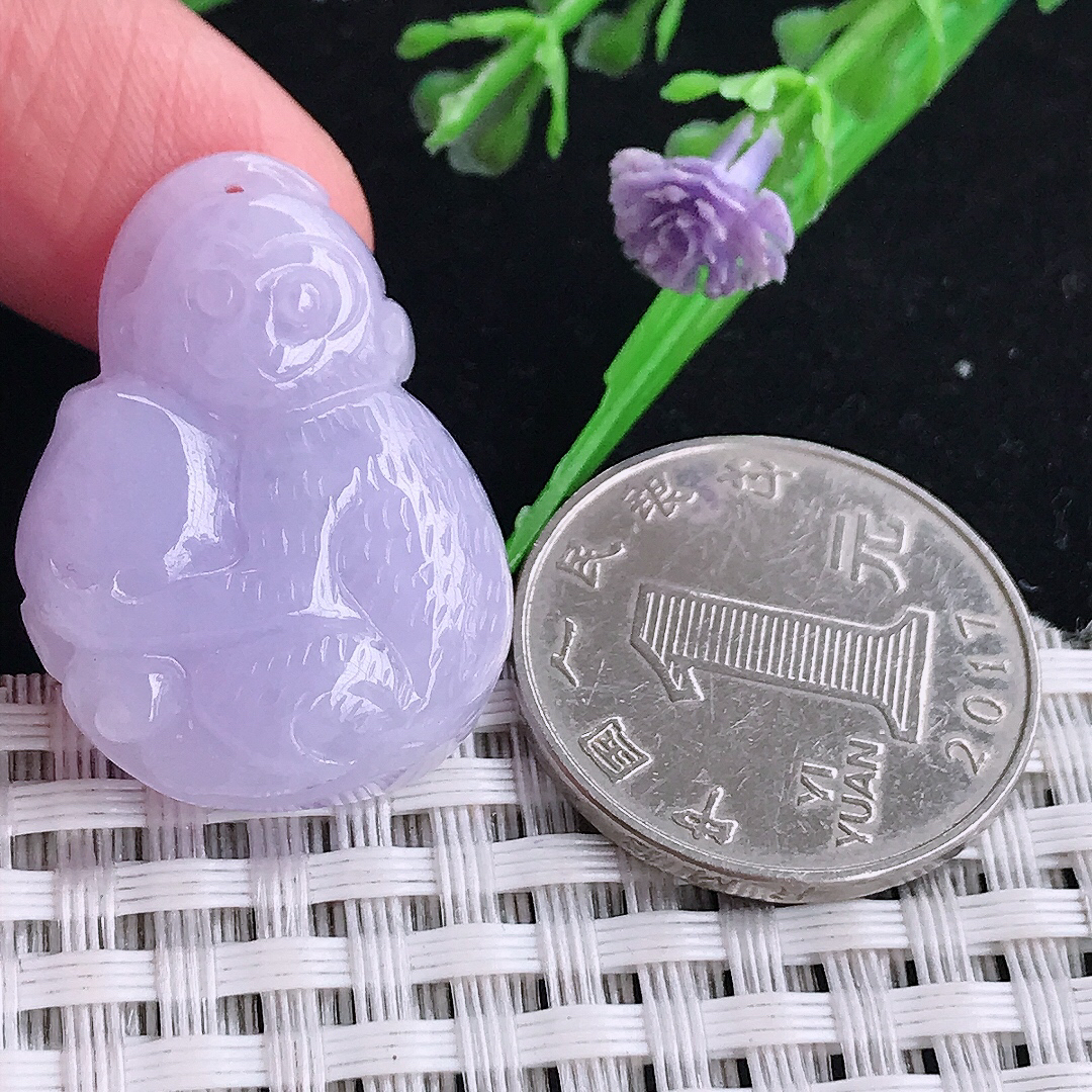 自然光29.8/22/7.3老坑秀气浓艳紫罗兰灵猴献寿猴子吊坠翡翠玉坠挂件