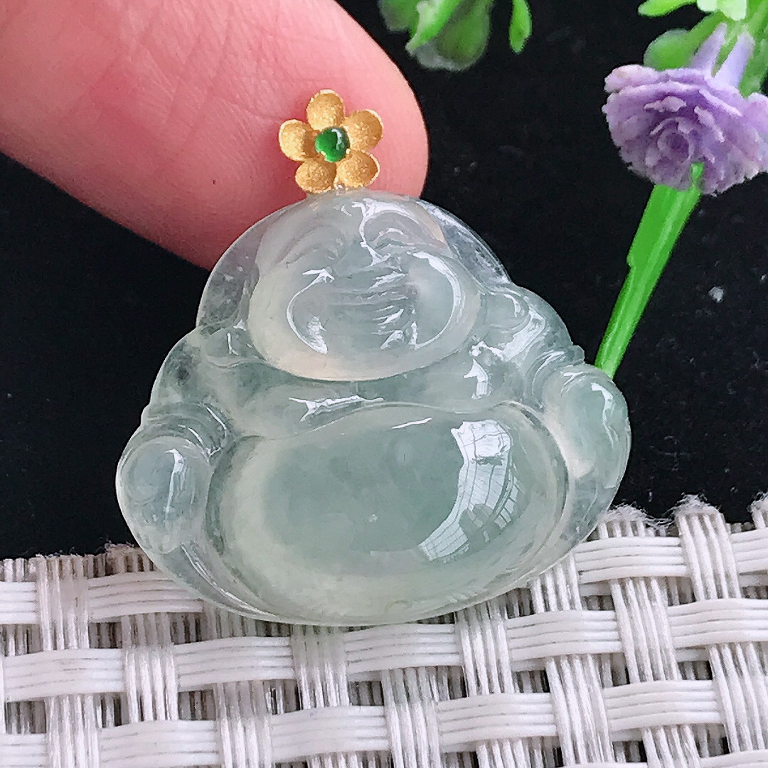 自然光21.6/26.3/6.1老坑18k金镶嵌冰晴佛公吊坠翡翠玉佛挂件