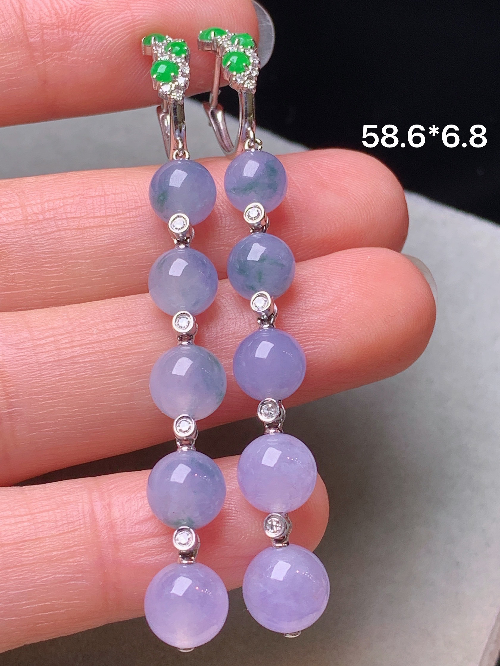 18k金钻镶嵌紫罗兰圆珠组合耳坠 玉质细腻 色泽艳丽清新 水润亮眼 整体尺寸58.6*6.8b1
