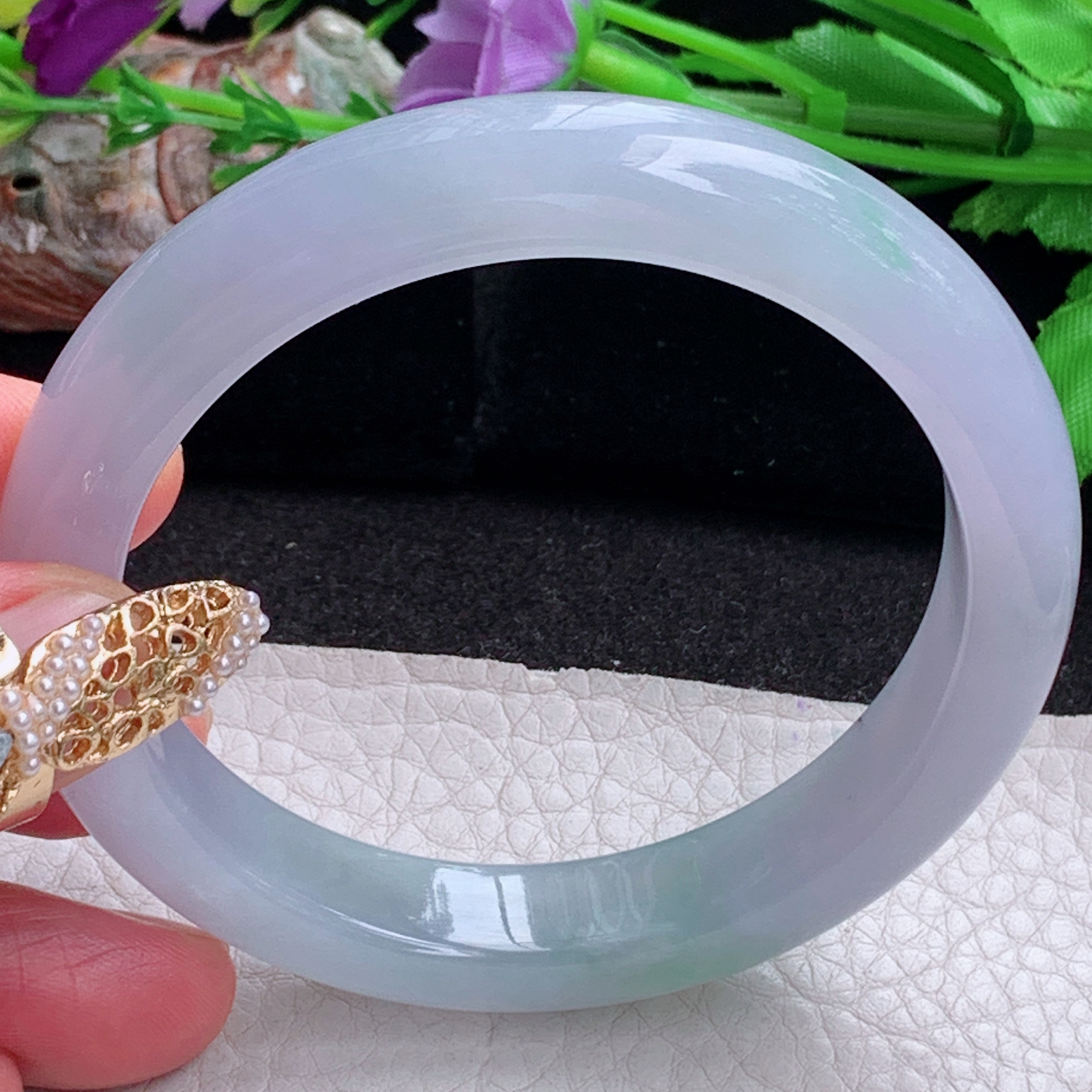 r实拍57.5*11.6*8.8平安镯 天然缅甸翡翠a货冰紫底飘花正圈玉镯子