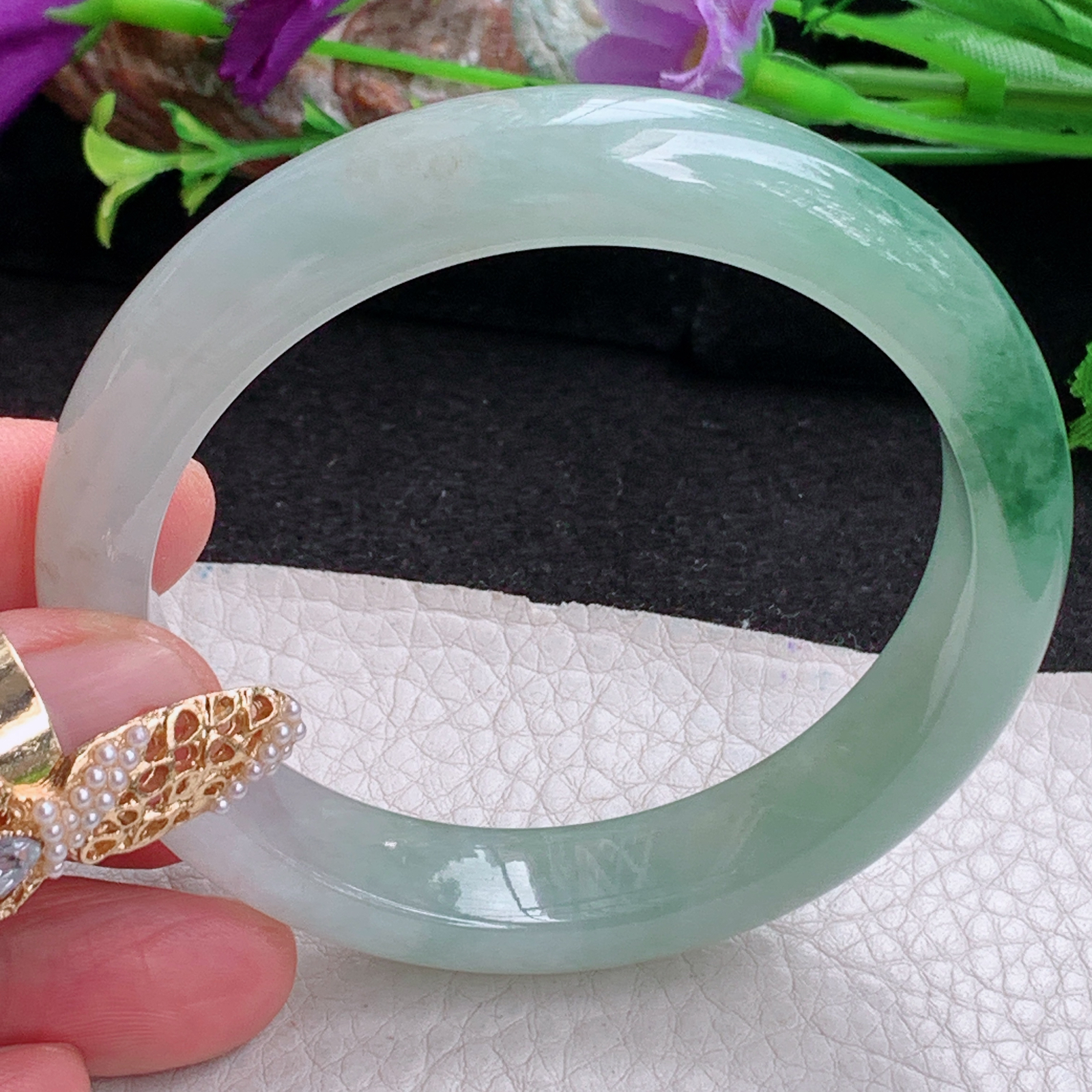 fx实拍57*12*8.3平安镯 天然缅甸翡翠a货手镯女款冰飘花正圈玉镯子