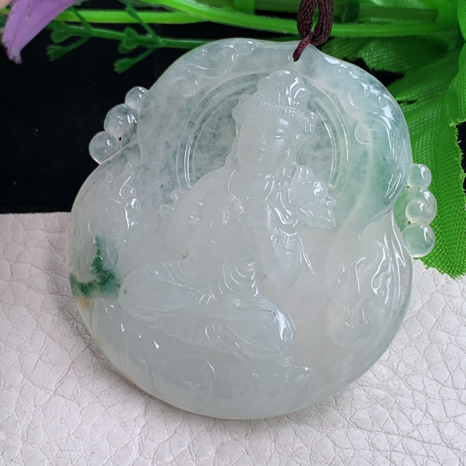 Bg实拍52.5*50*6缅甸翡翠冰透飘花大势至菩萨吊坠生肖守护神观音玉坠