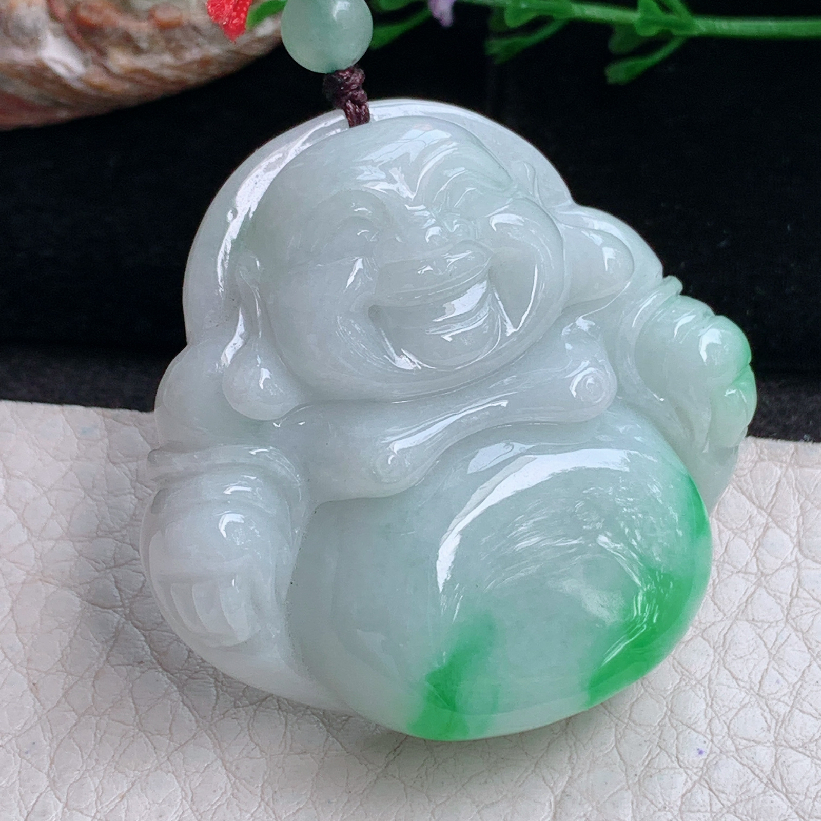 zen实拍46*48*12.3缅甸翡翠飘阳绿大佛公吊坠大肚弥勒佛像项坠毛衣坠