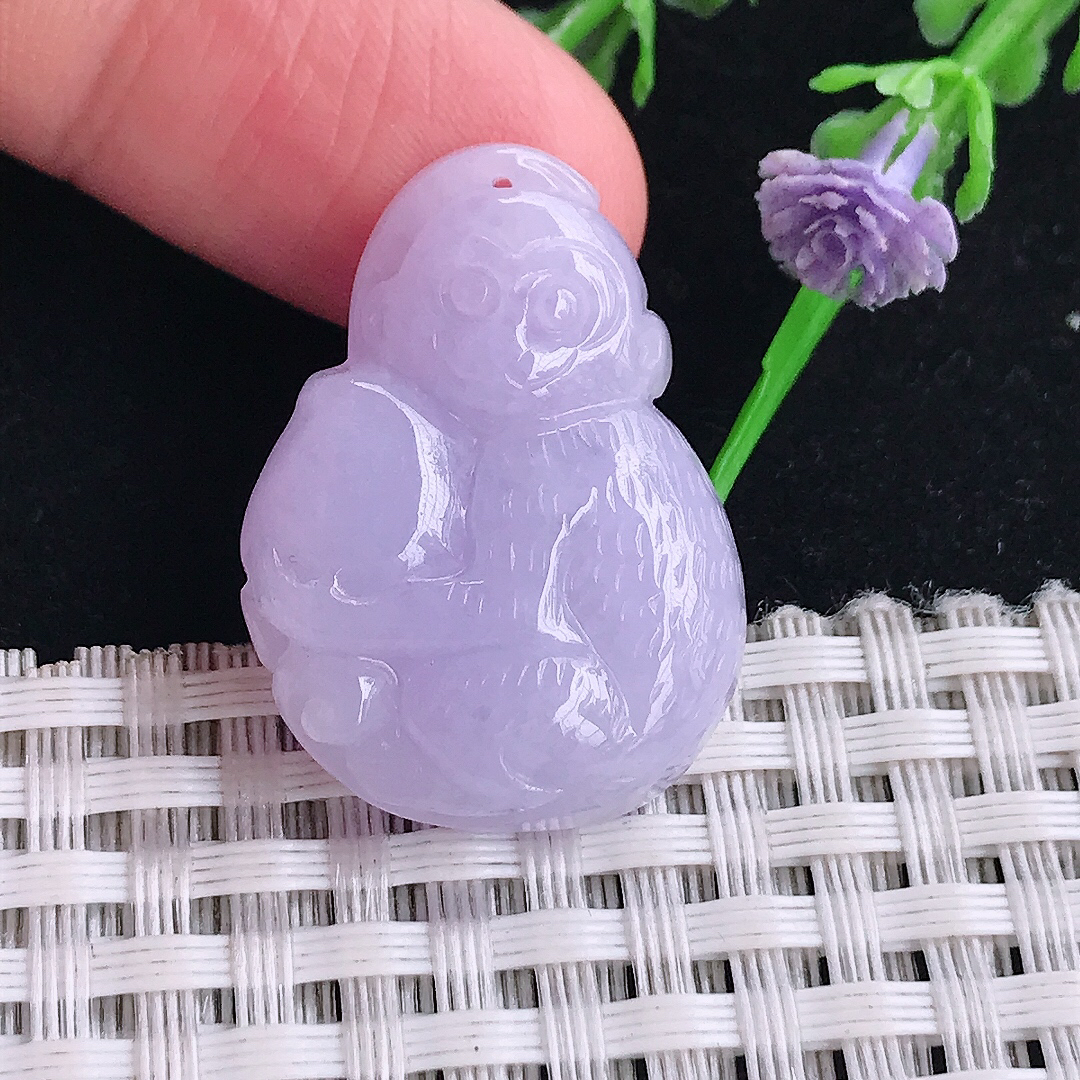 自然光29.8/22/7.3老坑秀气浓艳紫罗兰灵猴献寿猴子吊坠翡翠玉坠挂件