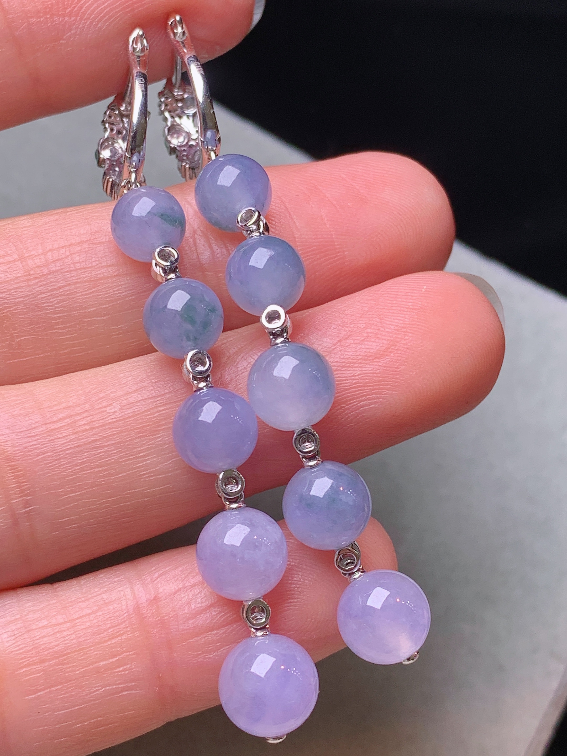 18k金钻镶嵌紫罗兰圆珠组合耳坠 玉质细腻 色泽艳丽清新 水润亮眼 整体尺寸58.6*6.8b1