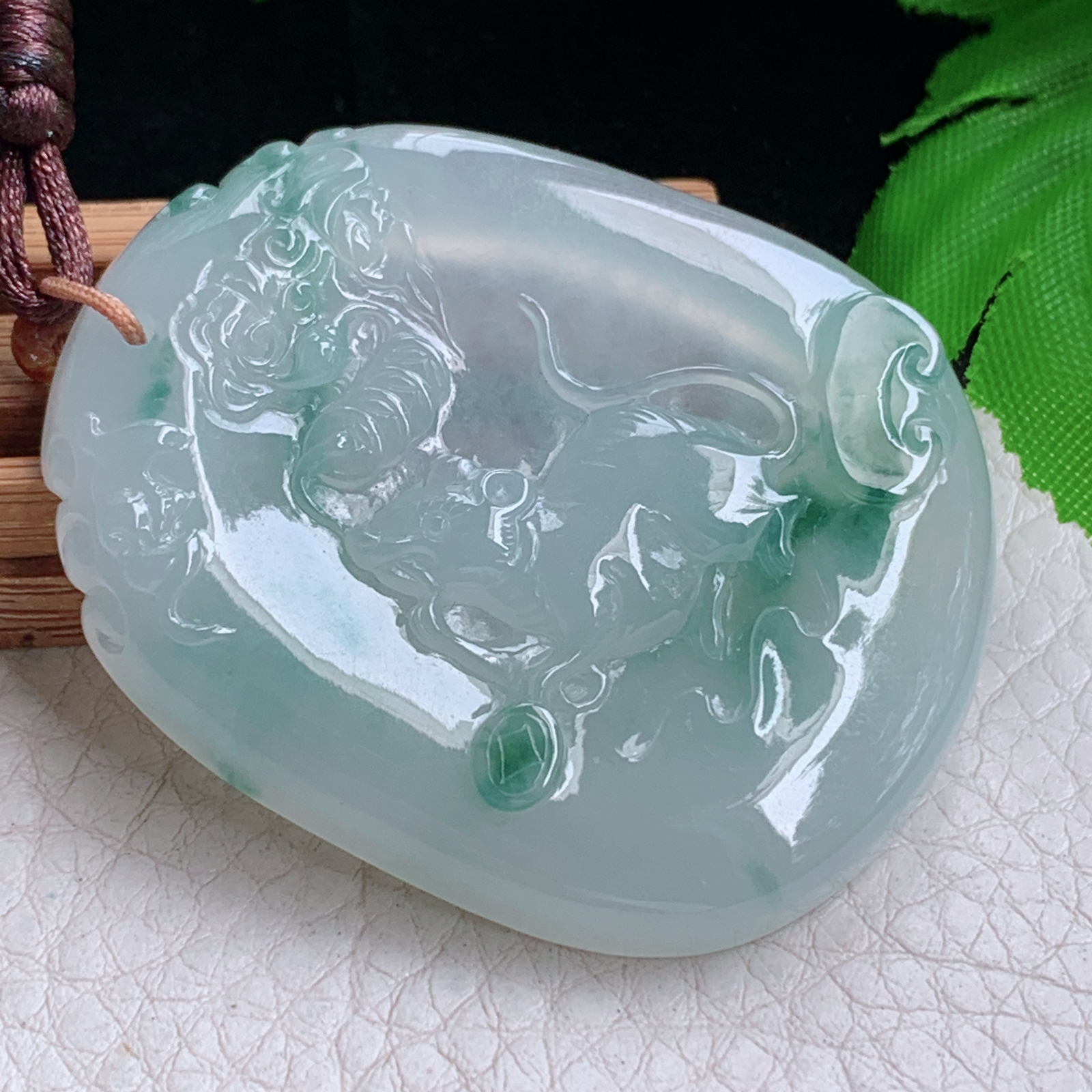 Bg实拍51.3*40.6*6.3缅甸翡翠冰飘花招财鼠吊坠生肖老鼠玉坠