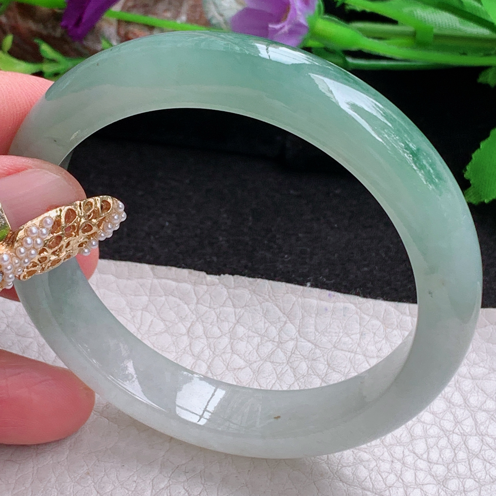 fx实拍57*12*8.3平安镯 天然缅甸翡翠a货手镯女款冰飘花正圈玉镯子