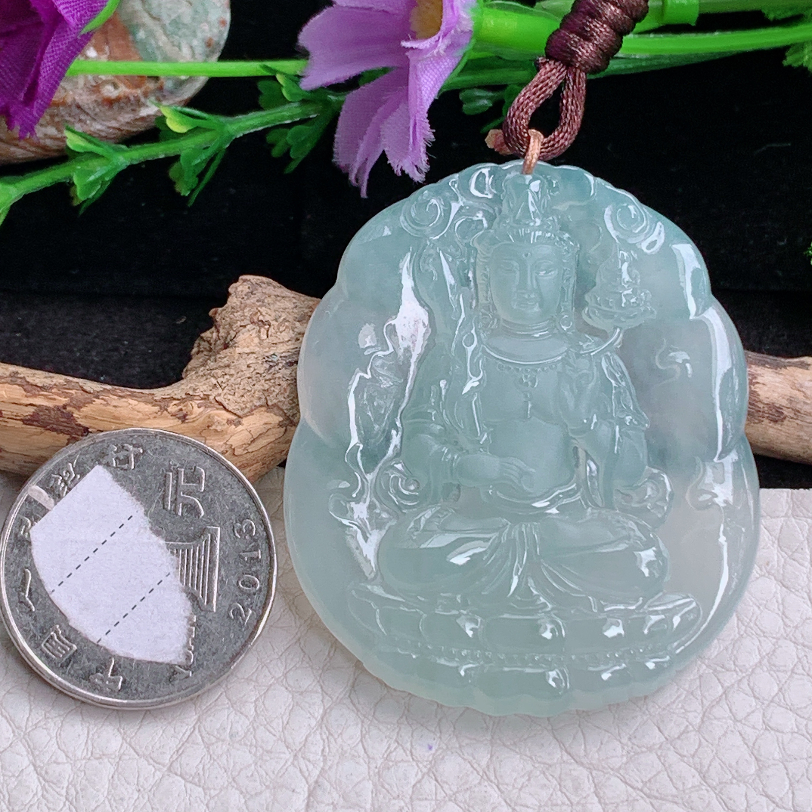 bg实拍50.8*42.6*5.8缅甸翡翠a货精雕冰晴虚空藏菩萨玉吊坠 玉挂件