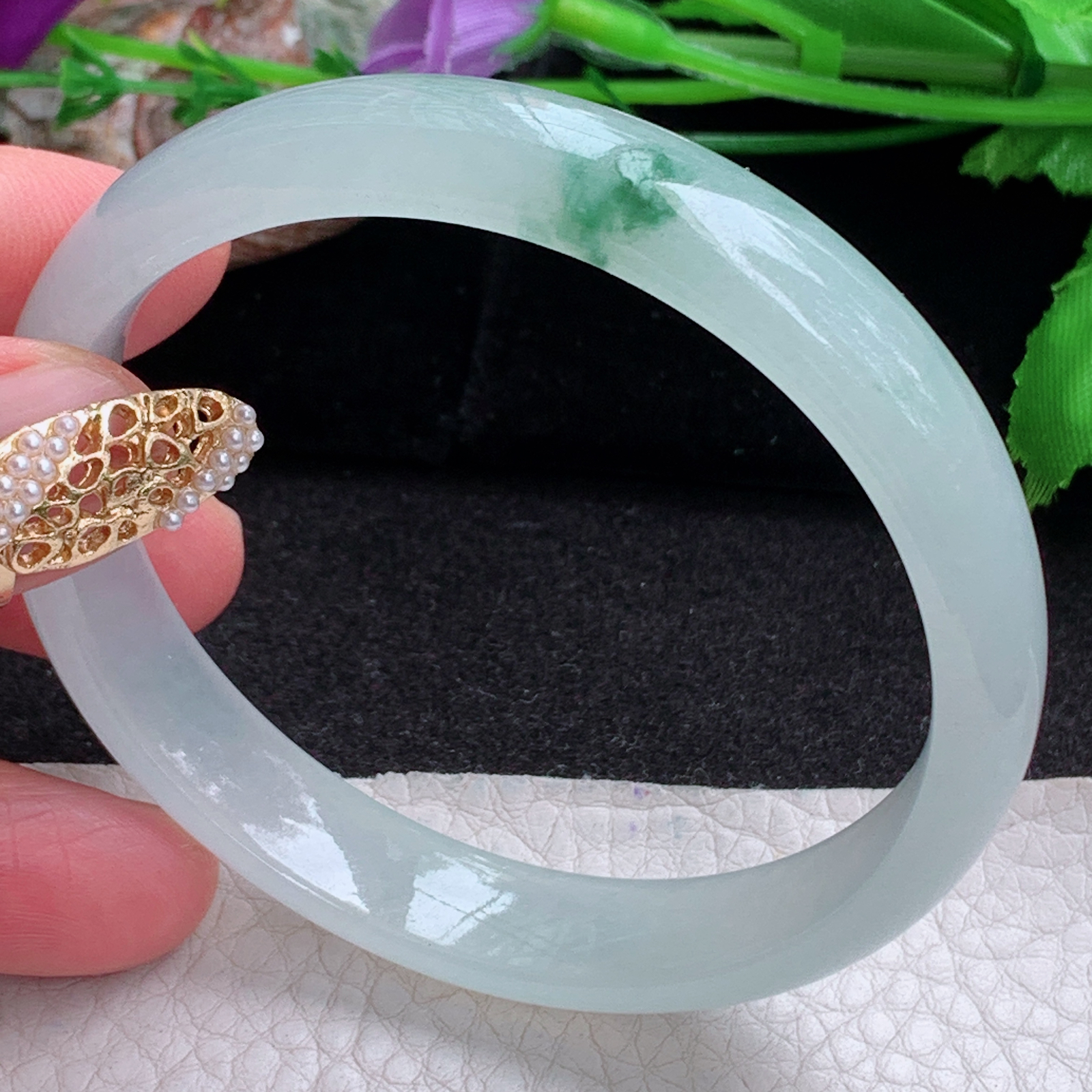 js实拍58*12*6.3平安镯 天然缅甸翡翠a货手镯冰飘花正圈玉镯子