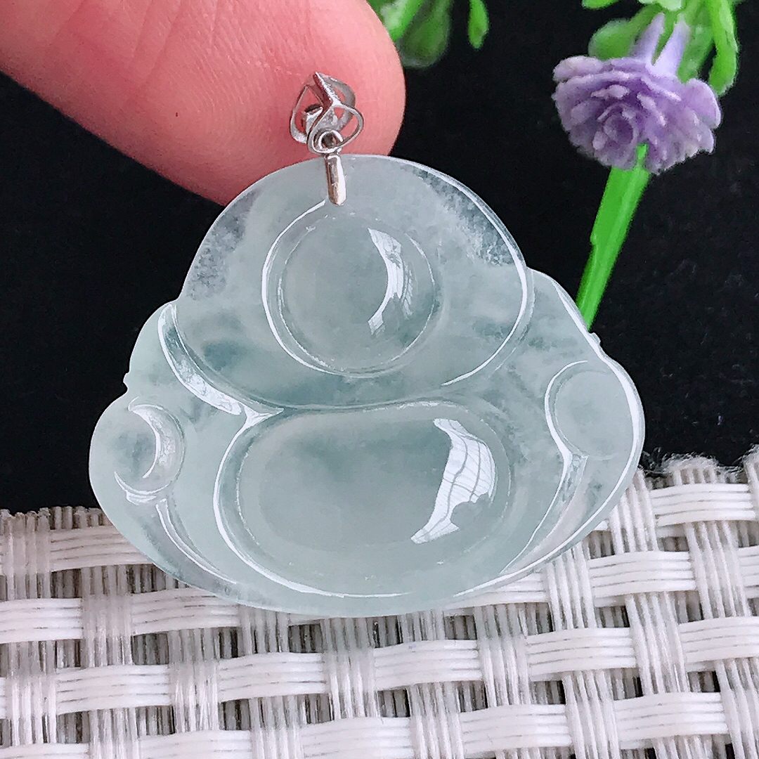 自然光24.5/29.5/6.3老坑18k金镶嵌冰种佛公吊坠翡翠玉坠挂件