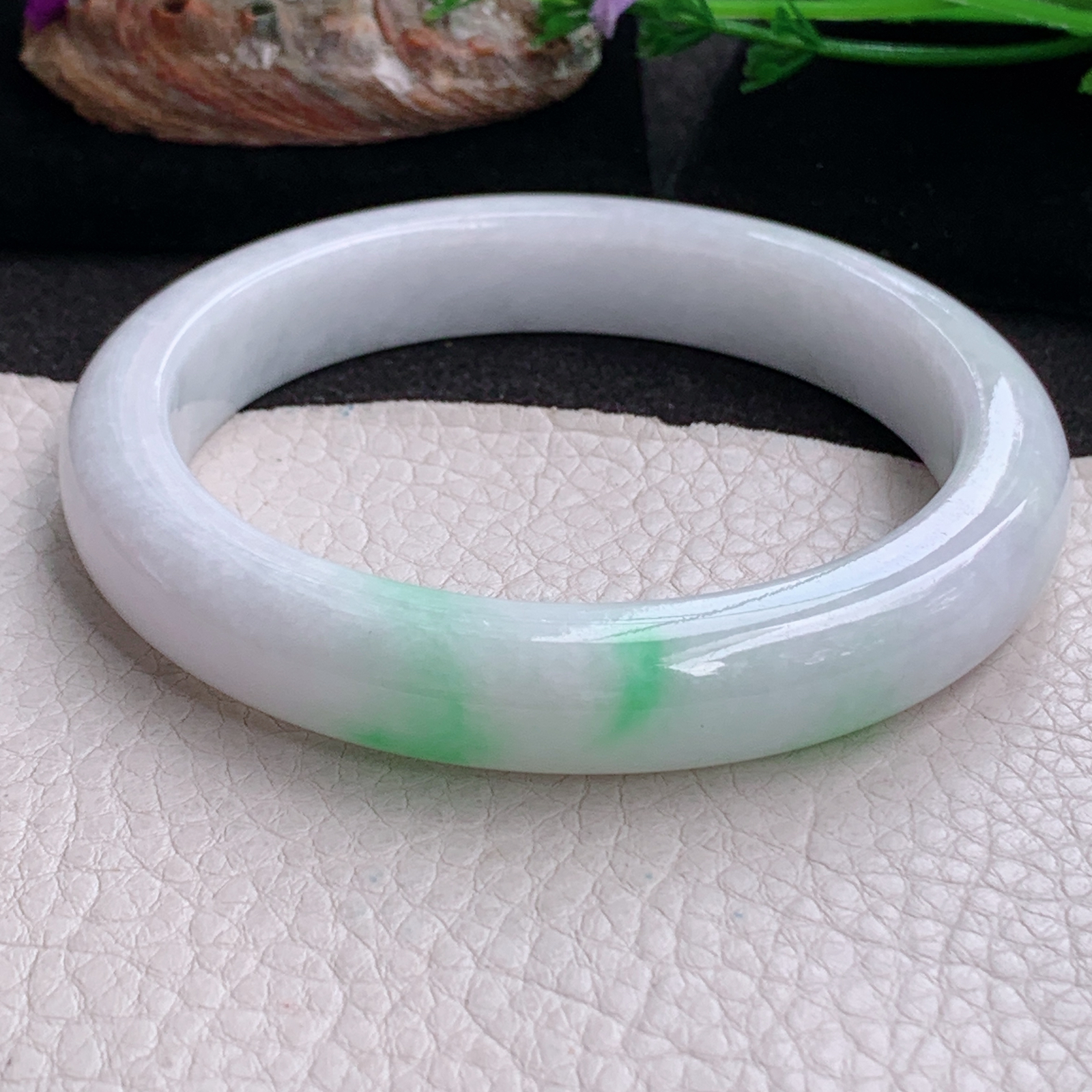 ee大圈口64.5*12*9.3平安镯 天然缅甸翡翠a货白底青大气正圈玉镯子