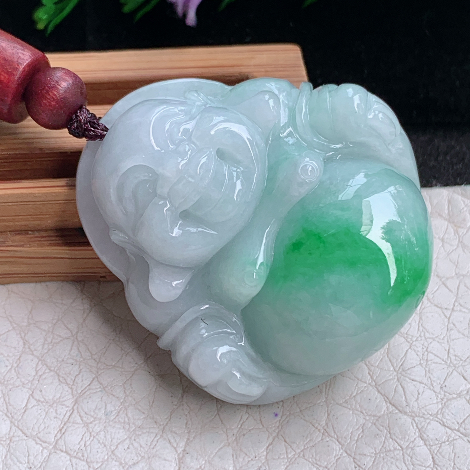 zen实拍37*35*13缅甸翡翠飘绿佛公吊坠大肚弥勒佛玉坠