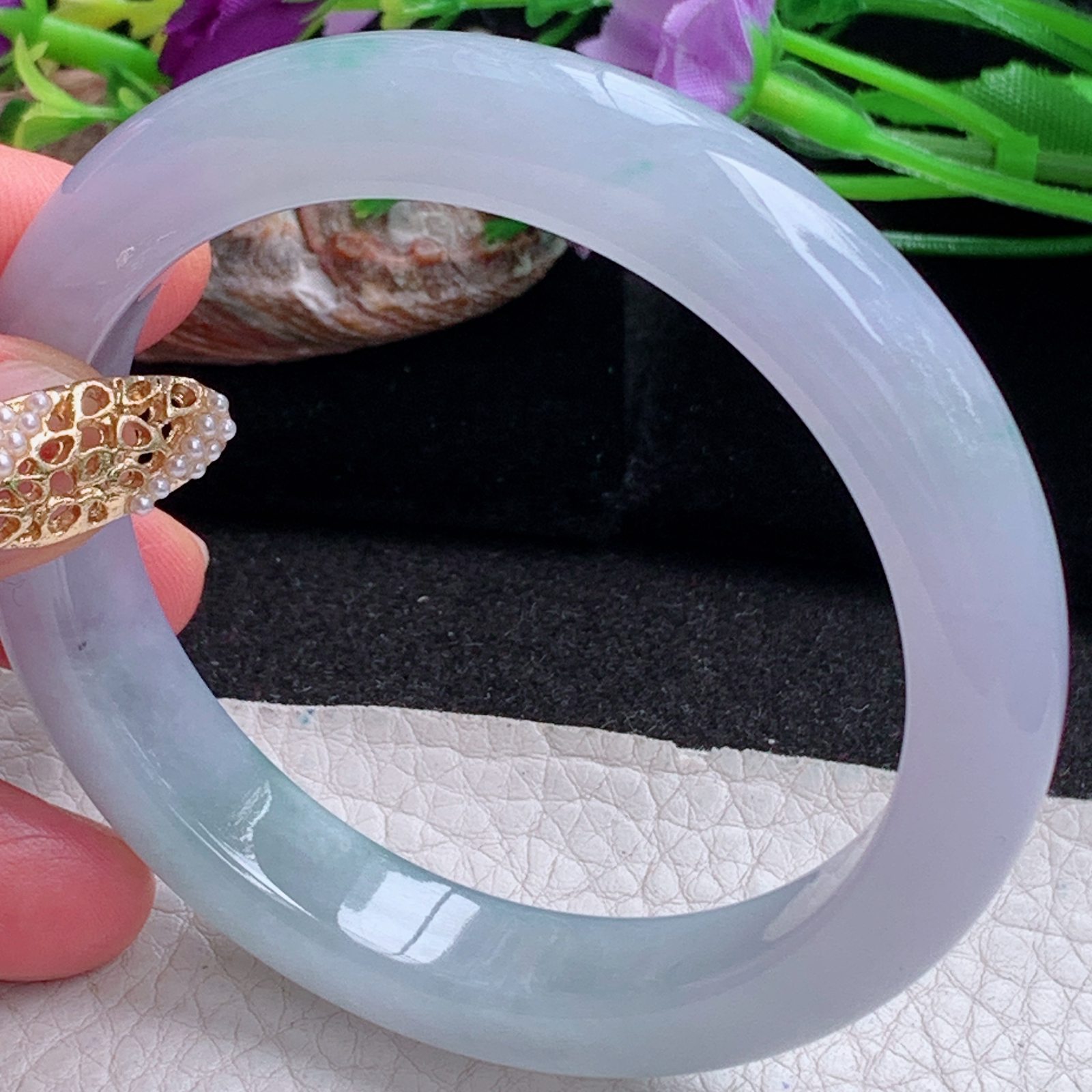 r实拍57.5*11.6*8.8平安镯 天然缅甸翡翠a货冰紫底飘花正圈玉镯子