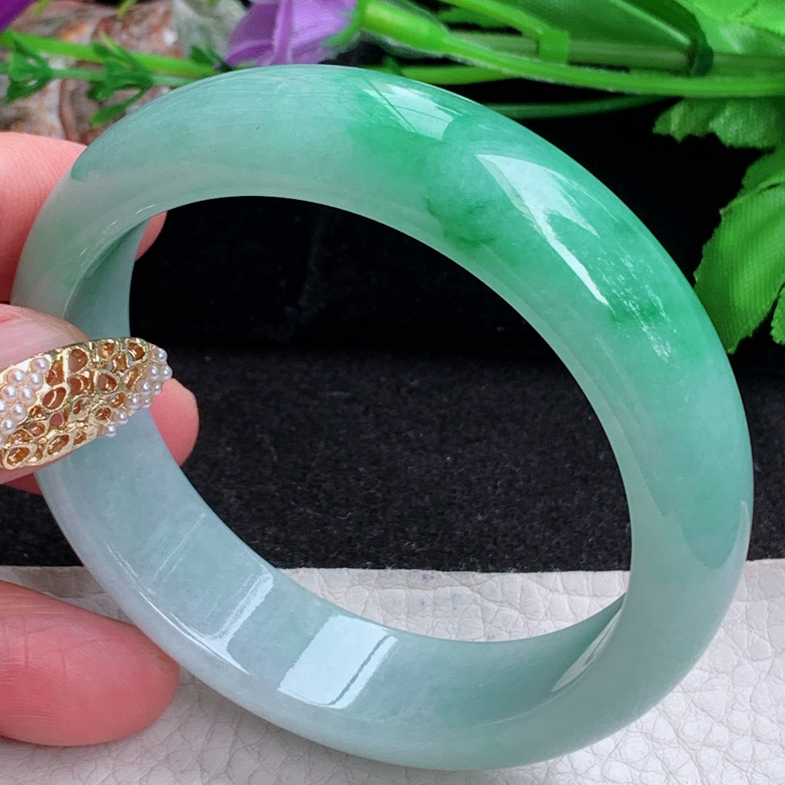 js实拍55.5*15.8*7.6轮胎镯 天然缅甸翡翠a货手镯女款辣绿正圈玉镯子