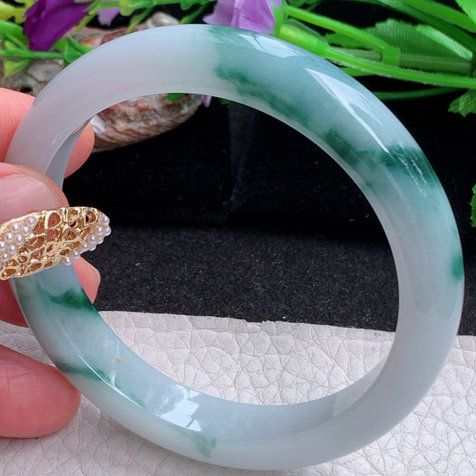 ee实拍56*11.2*7.8平安镯 天然缅甸翡翠a货冰飘花正圈玉镯子