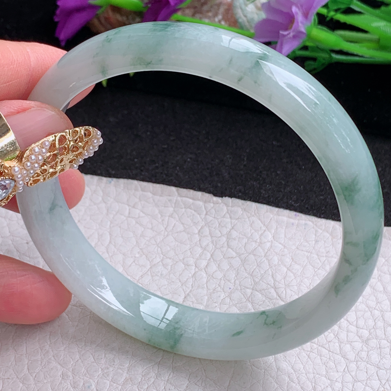 xc大圈口65.5*12.3*7.6平安镯 天然缅甸翡翠a货手镯冰飘花大气正圈玉镯子