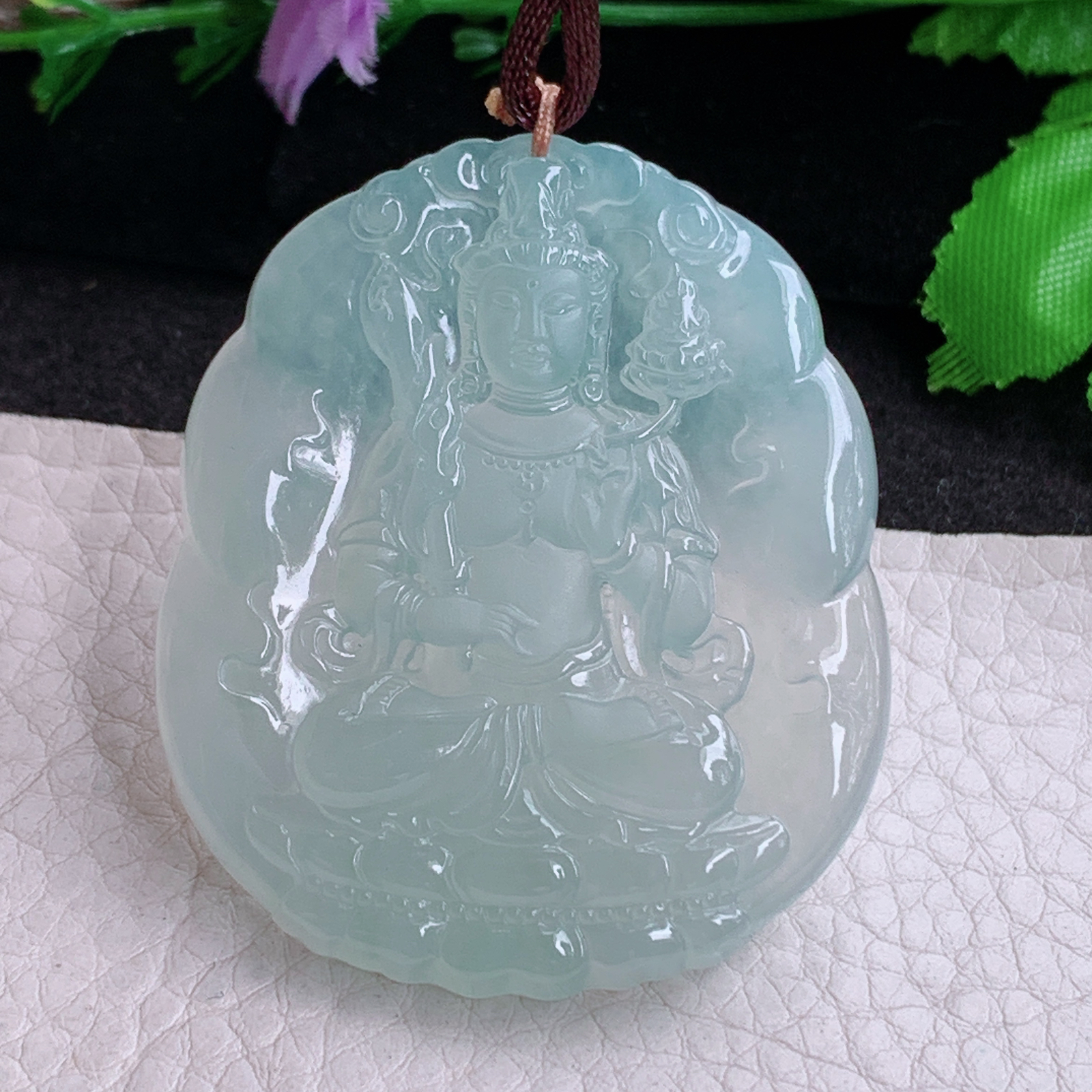 bg实拍50.8*42.6*5.8缅甸翡翠a货精雕冰晴虚空藏菩萨玉吊坠 玉挂件