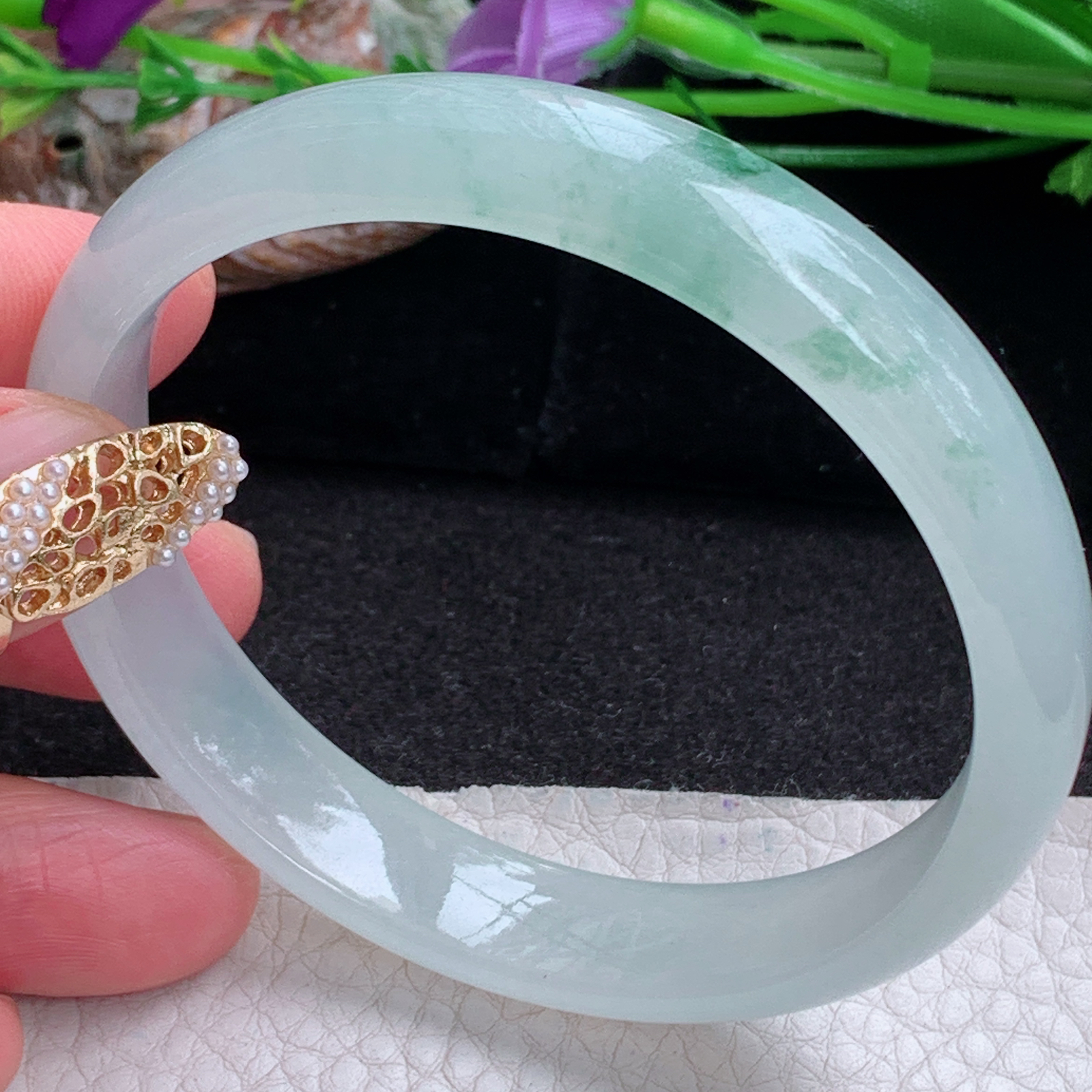 js实拍58*12*6.3平安镯 天然缅甸翡翠a货手镯冰飘花正圈玉镯子