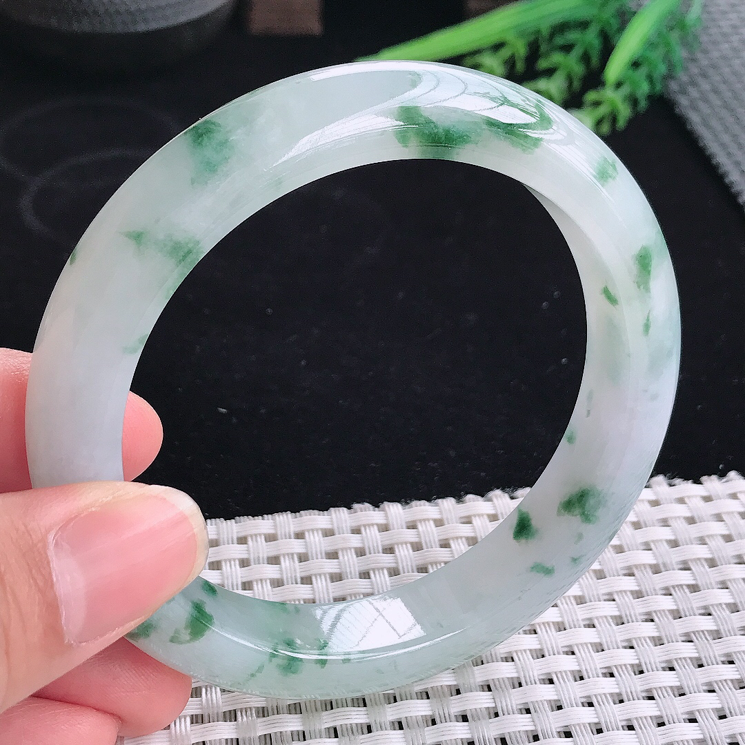 实拍A货翡翠61.5/12.9/9.4大圈口老坑冰胶果冻冰飘花手镯宽边玉镯平安镯