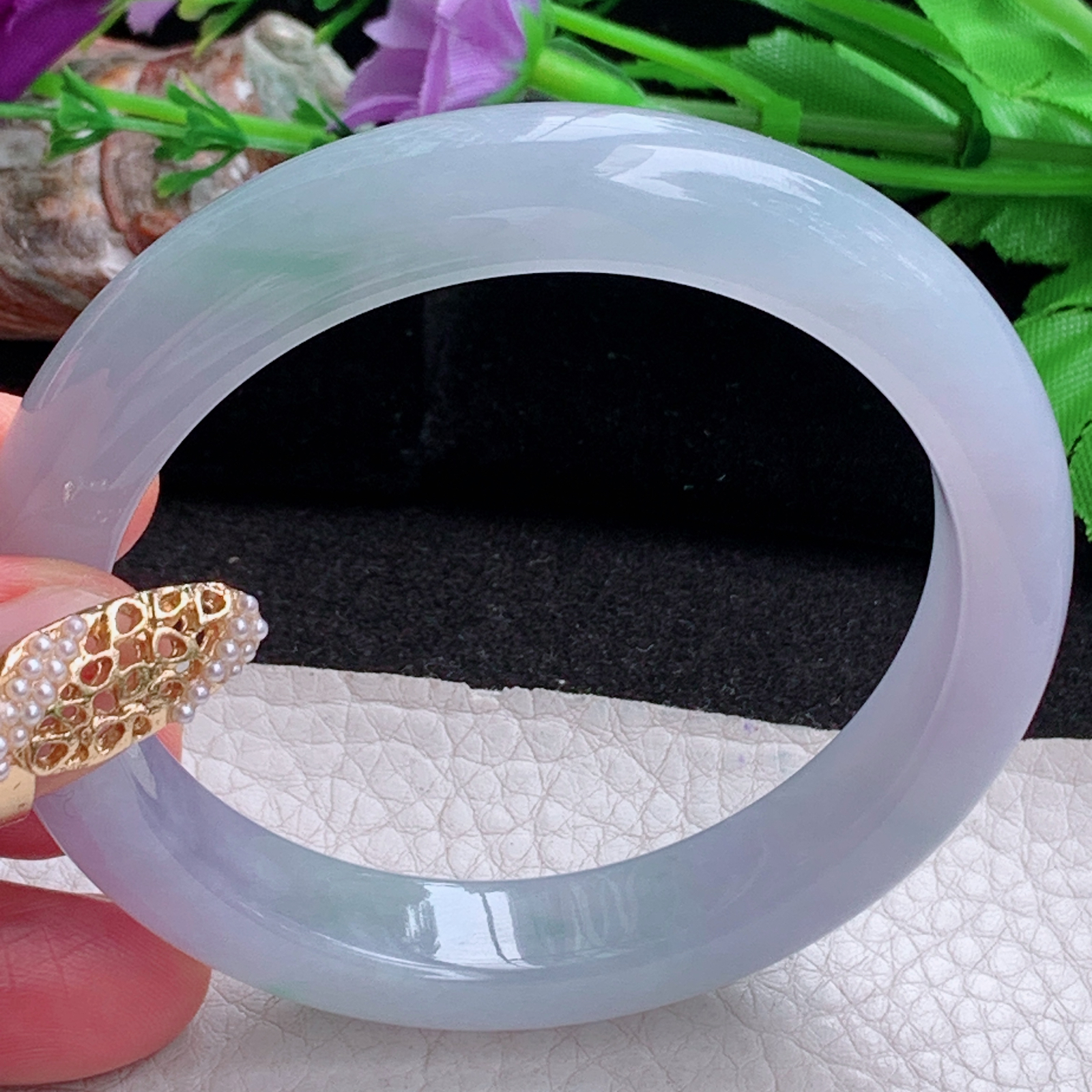 r实拍57.5*11.6*8.8平安镯 天然缅甸翡翠a货冰紫底飘花正圈玉镯子