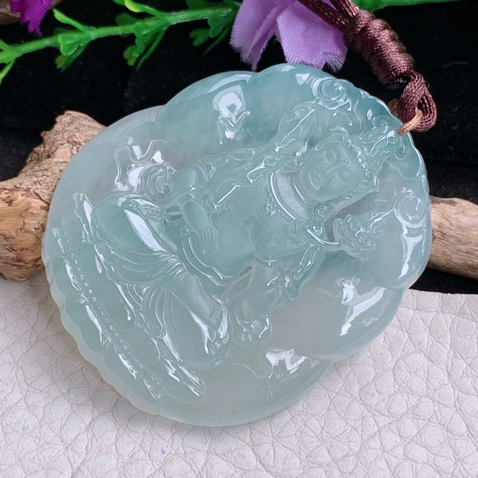 bg实拍50.8*42.6*5.8缅甸翡翠a货精雕冰晴虚空藏菩萨玉吊坠 玉挂件