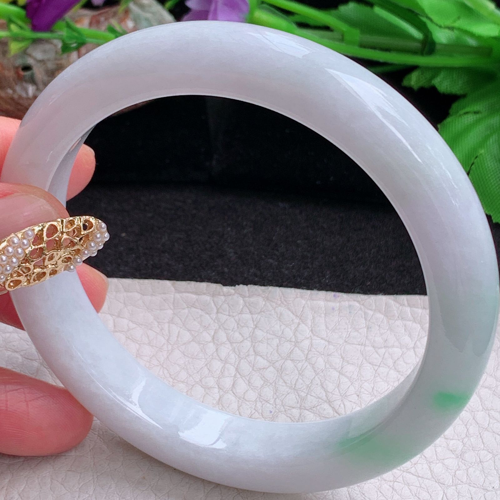 ee大圈口64.5*12*9.3平安镯 天然缅甸翡翠a货白底青大气正圈玉镯子