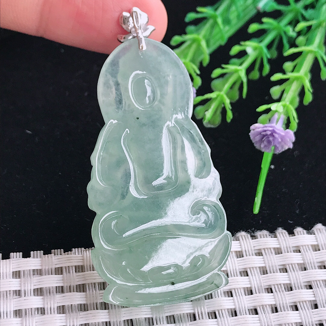 自然光52/28/5.5老坑18k金镶嵌冰晴绿虚空藏菩萨吊坠翡翠玉坠挂件