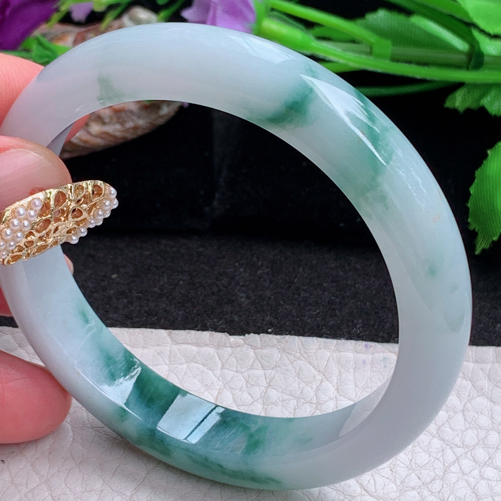 ee实拍56*11.2*7.8平安镯 天然缅甸翡翠a货冰飘花正圈玉镯子