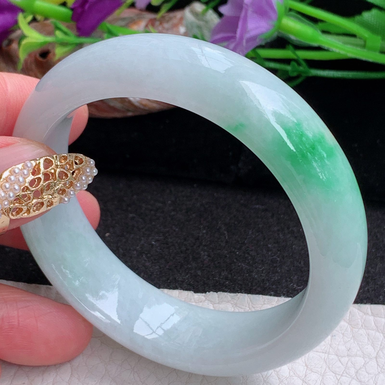 js小圈口52.5*16*8.5轮胎镯 天然缅甸翡翠a货手镯女款白底青秀气正圈玉镯子