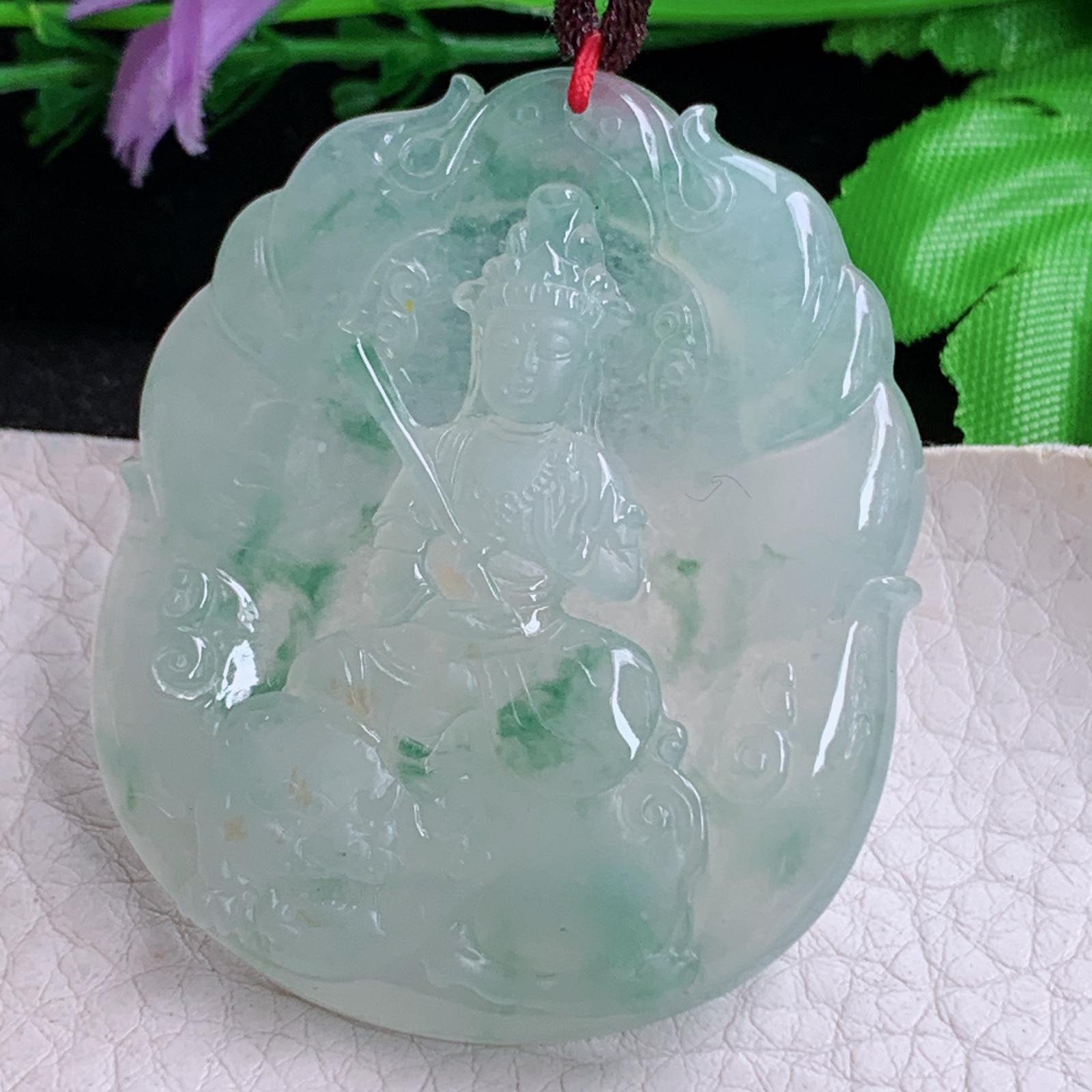 bg实拍52*43.8*5.5缅甸翡翠a货精雕冰飘花普贤菩萨玉吊坠 玉挂件