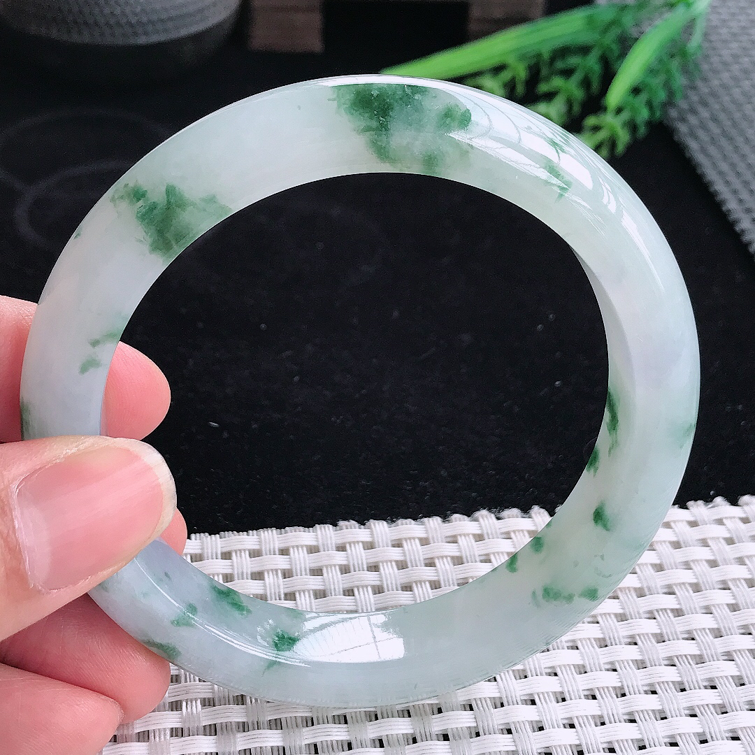 实拍A货翡翠61.5/12.9/9.4大圈口老坑冰胶果冻冰飘花手镯宽边玉镯平安镯