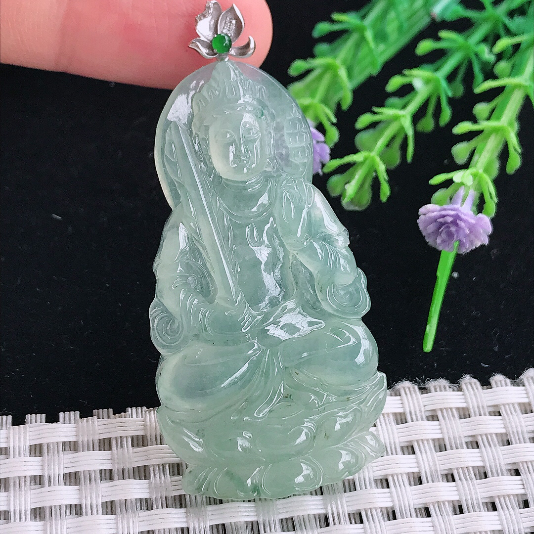 自然光52/28/5.5老坑18k金镶嵌冰晴绿虚空藏菩萨吊坠翡翠玉坠挂件