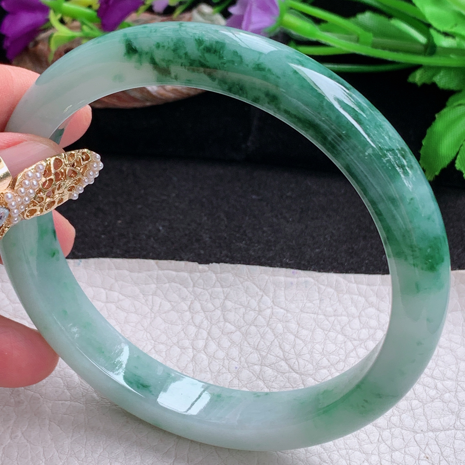 js大圈口71*12.3*9臂镯 天然缅甸翡翠a货手镯飘花大气正圈玉镯子