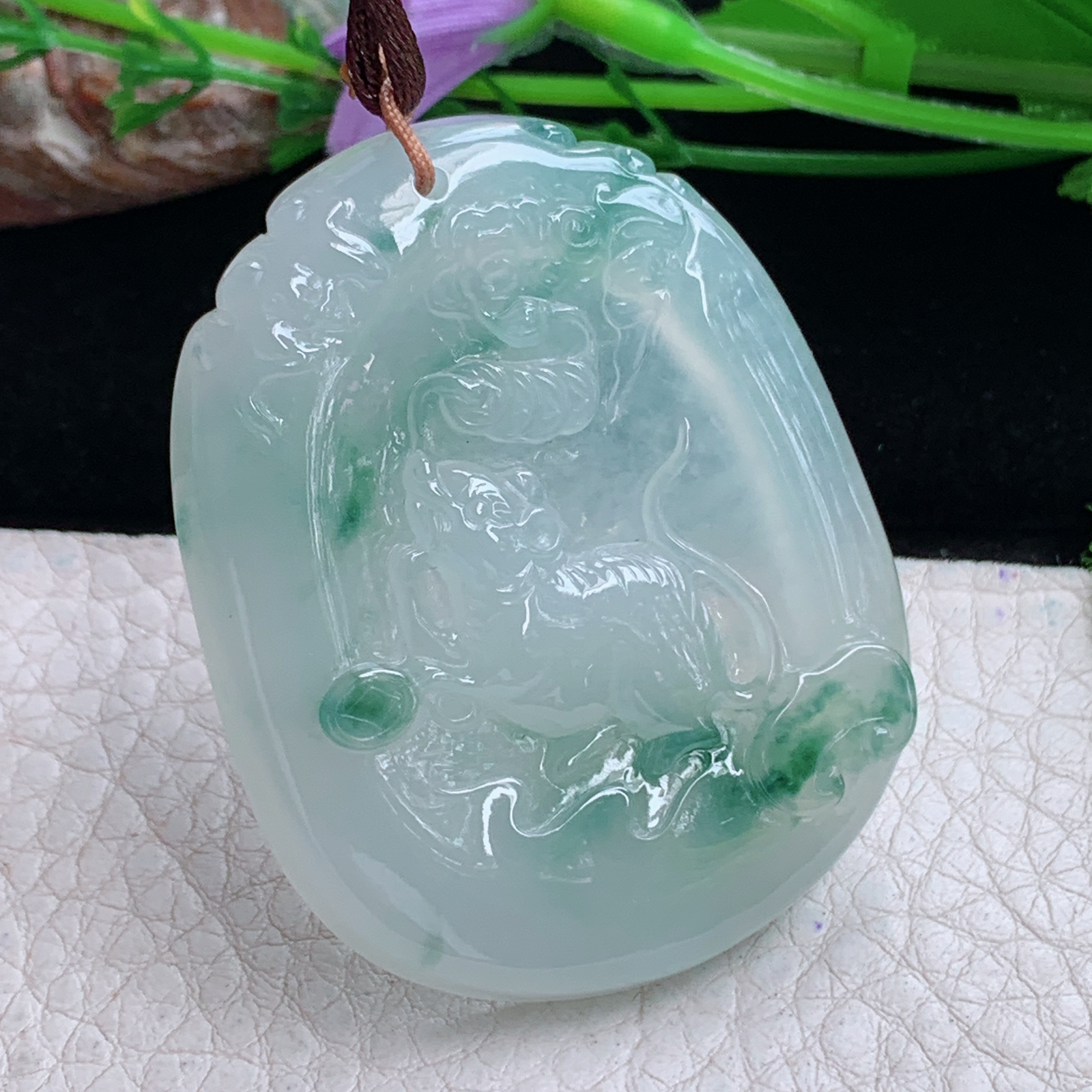 Bg实拍51.3*40.6*6.3缅甸翡翠冰飘花招财鼠吊坠生肖老鼠玉坠