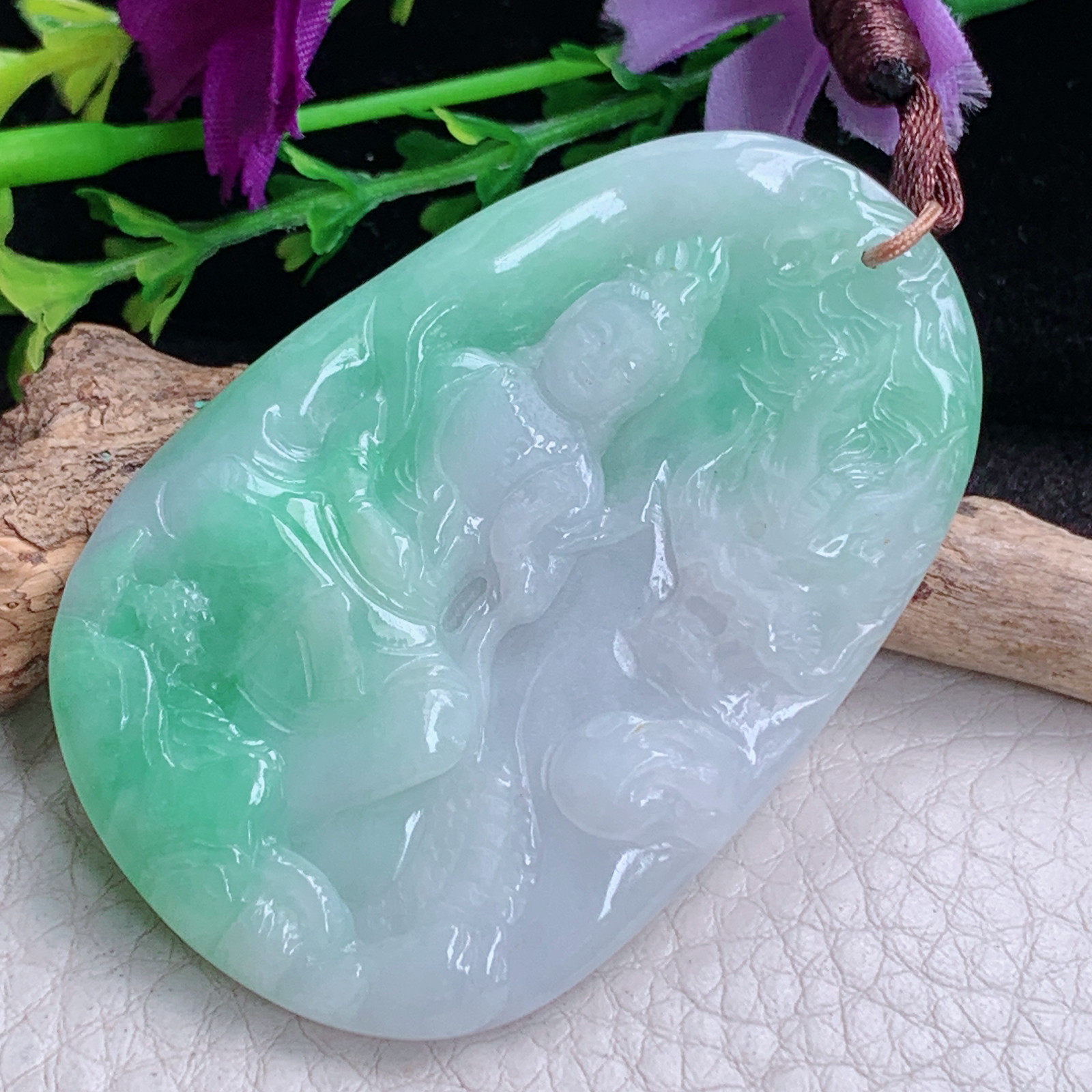 bg实拍57.3*37.8*5缅甸翡翠a货精雕双彩御龙观音 玉观音玉吊坠 玉挂件