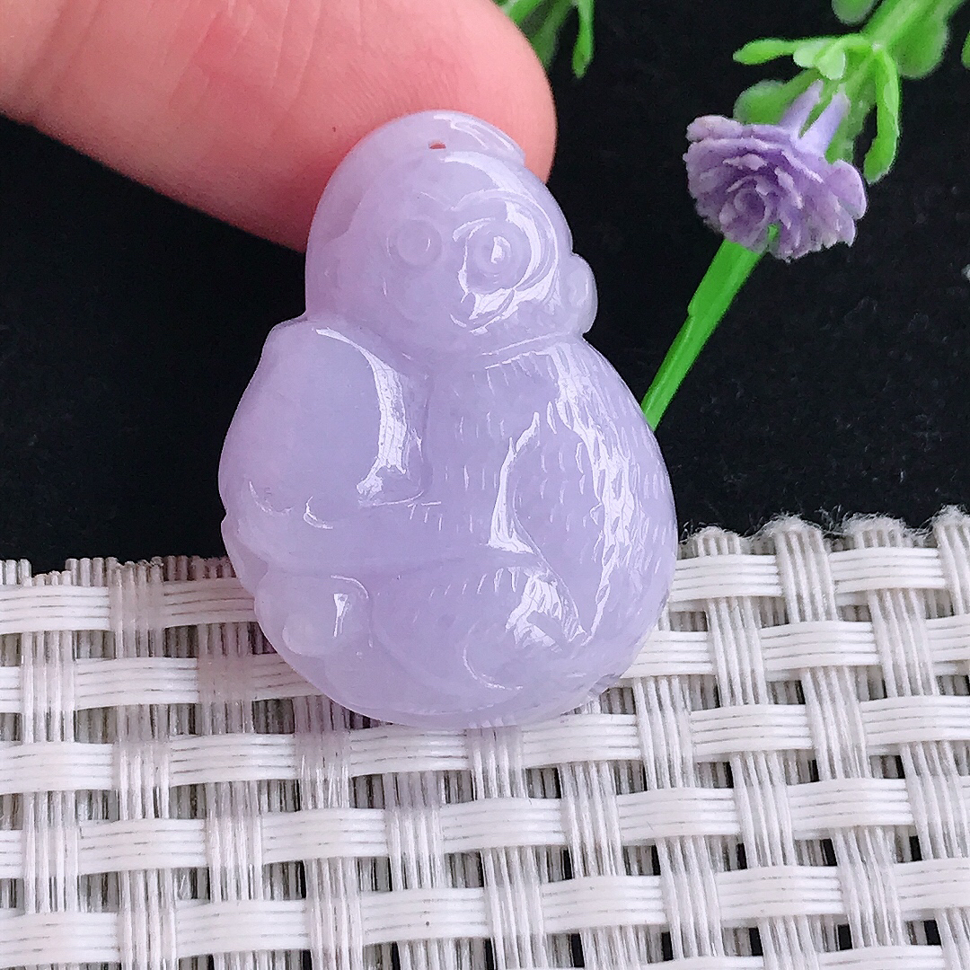 自然光29.8/22/7.3老坑秀气浓艳紫罗兰灵猴献寿猴子吊坠翡翠玉坠挂件