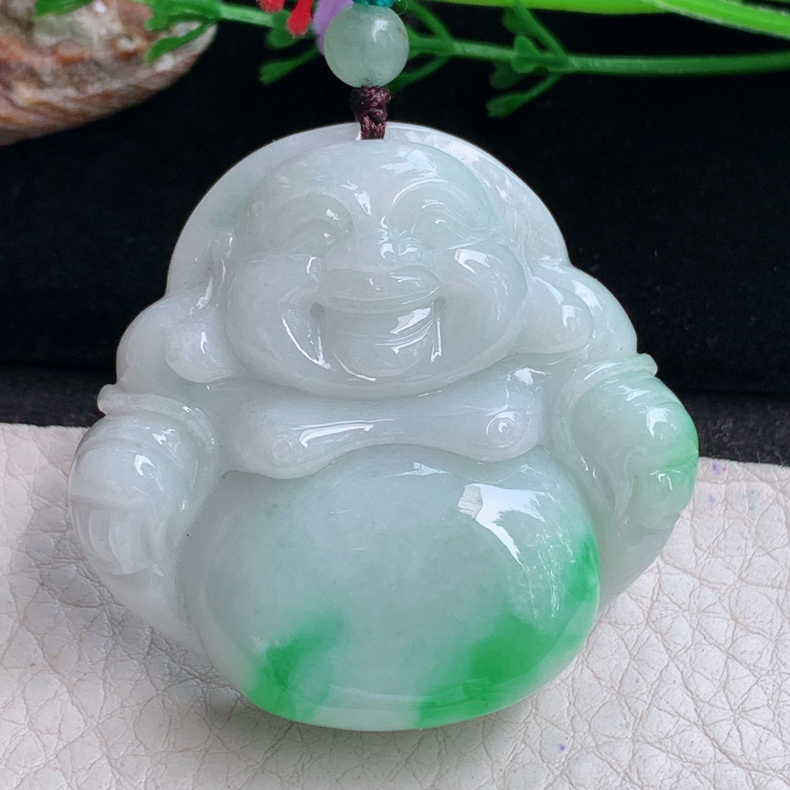 zen实拍46*48*12.3缅甸翡翠飘阳绿大佛公吊坠大肚弥勒佛像项坠毛衣坠