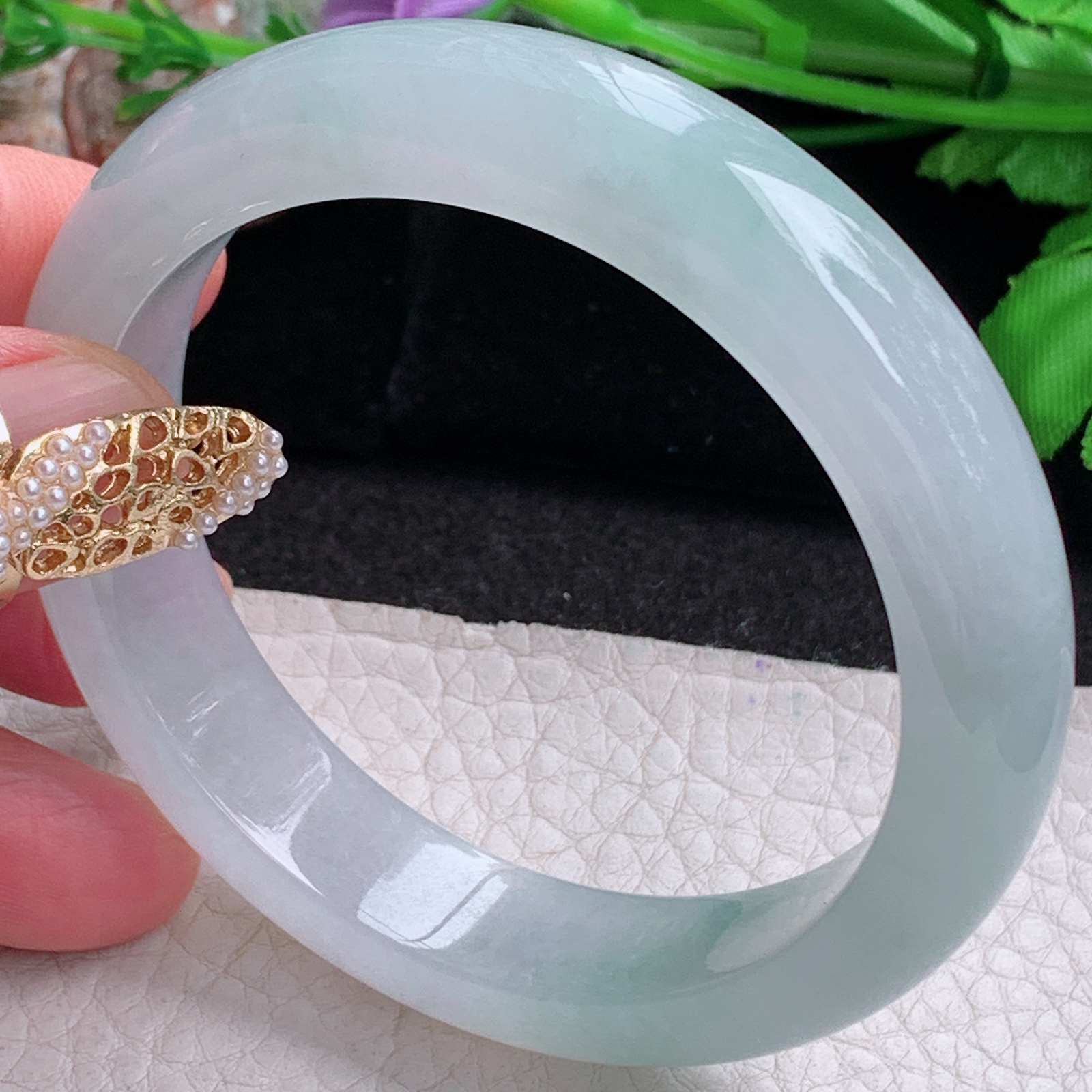 r实拍54:5*12.8*8平安镯 天然缅甸翡翠a货冰飘花正圈玉镯子